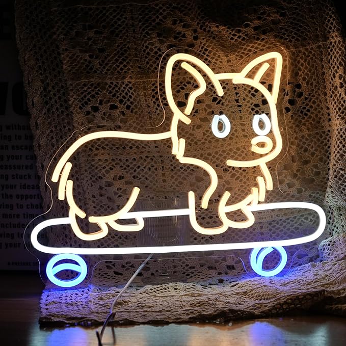 Corgi Dog Neon Sign LED USB Dimmable Wall Light 13 x 16.9 Inch for Kids Room Pet Shop Party Decor