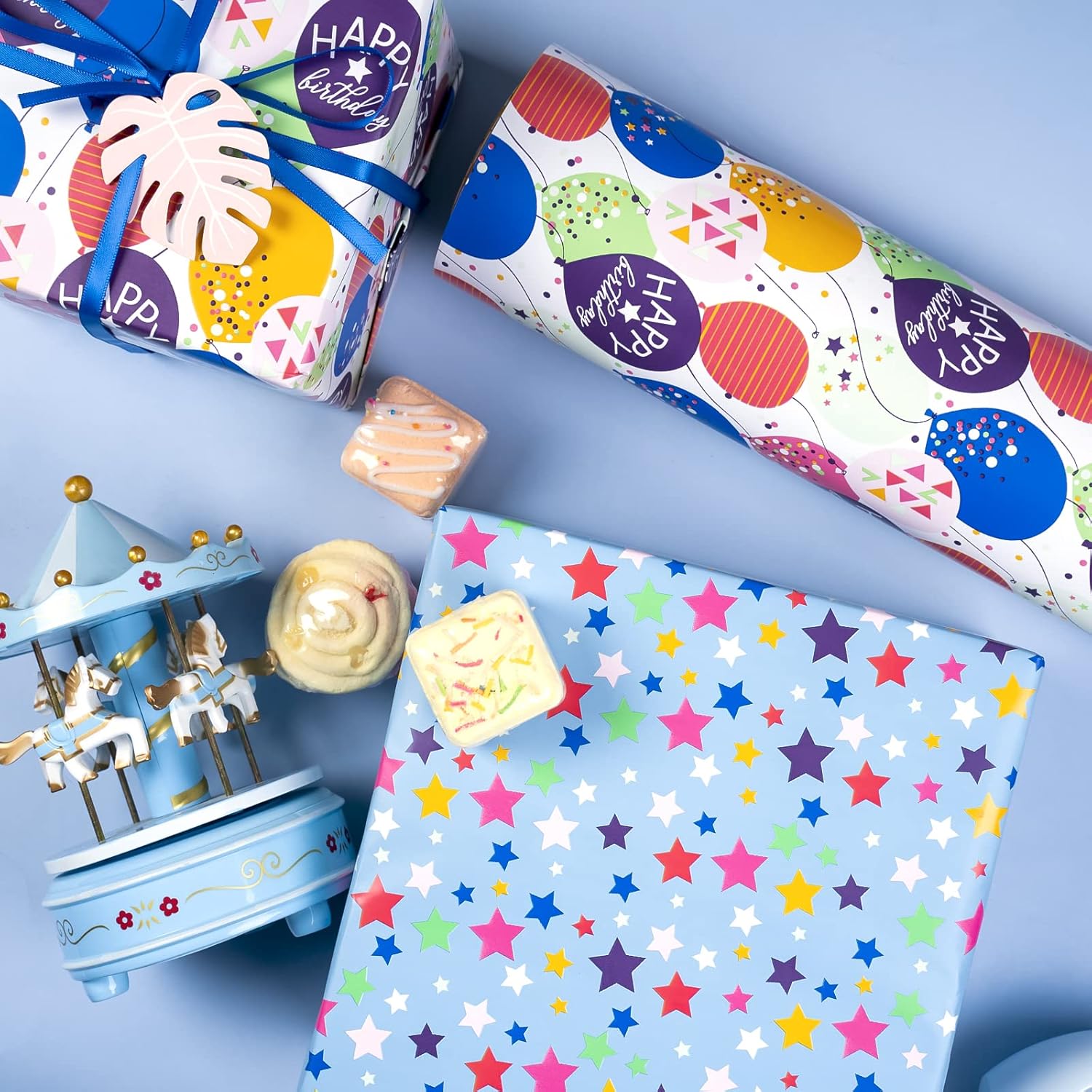 Reversible Birthday Wrapping Paper Jumbo Roll - Colorful Balloon & Stars - 24 Inches X 100 Feet (200 Sq.Ft.)