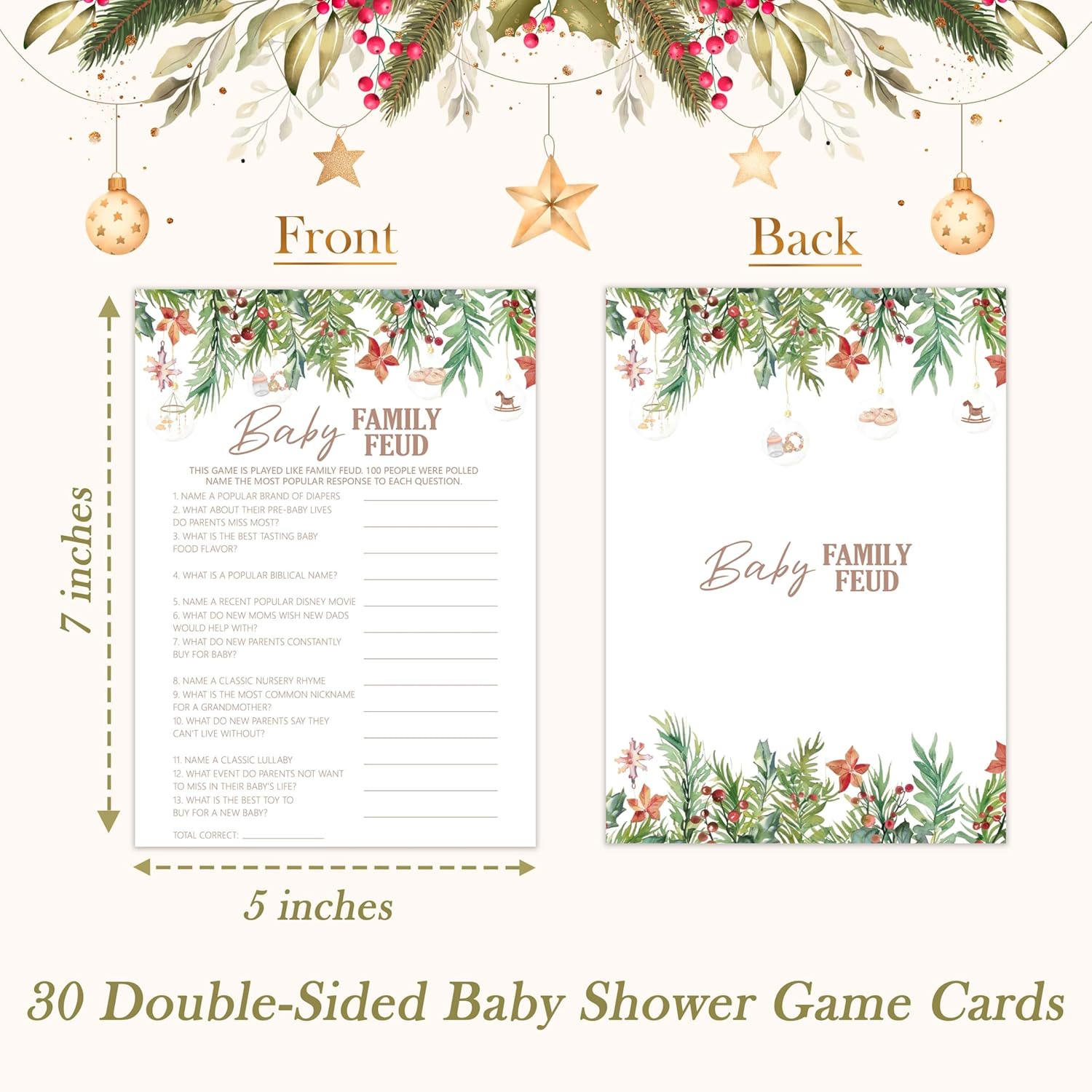 Baby Shower Games For Boys Girl, 30 Christmas Baby Family Feud Game Cards, Xmas Winter Holiday Gender Reveal Party Decorations Supplies Favors - I08