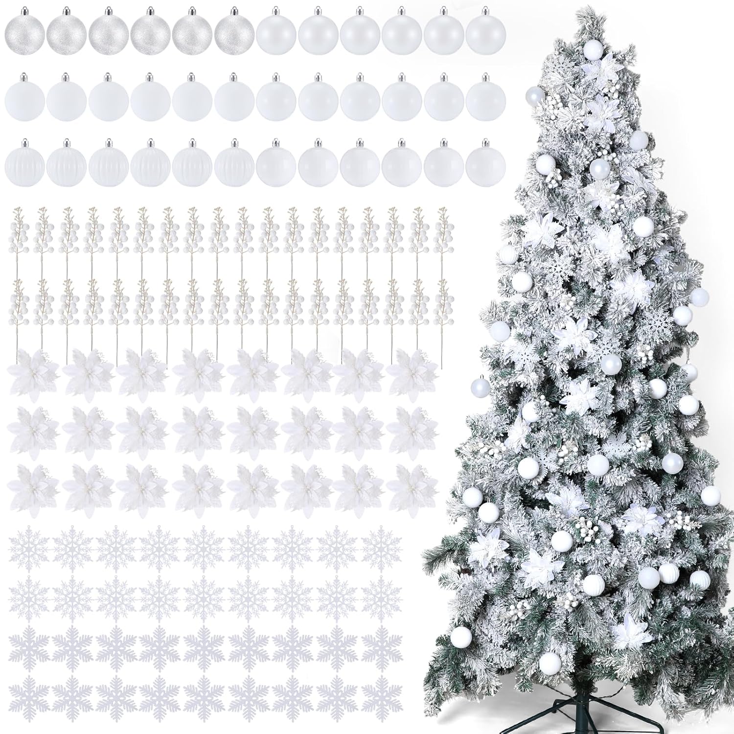 132 Pcs Christmas Tree Ornaments Set Glitter Poinsettia Flowers 2.36 Inch Christmas Balls Snowflakes Decorations Artificial Berry Picks For Xmas Tree Wreath, Hooks Included(White)