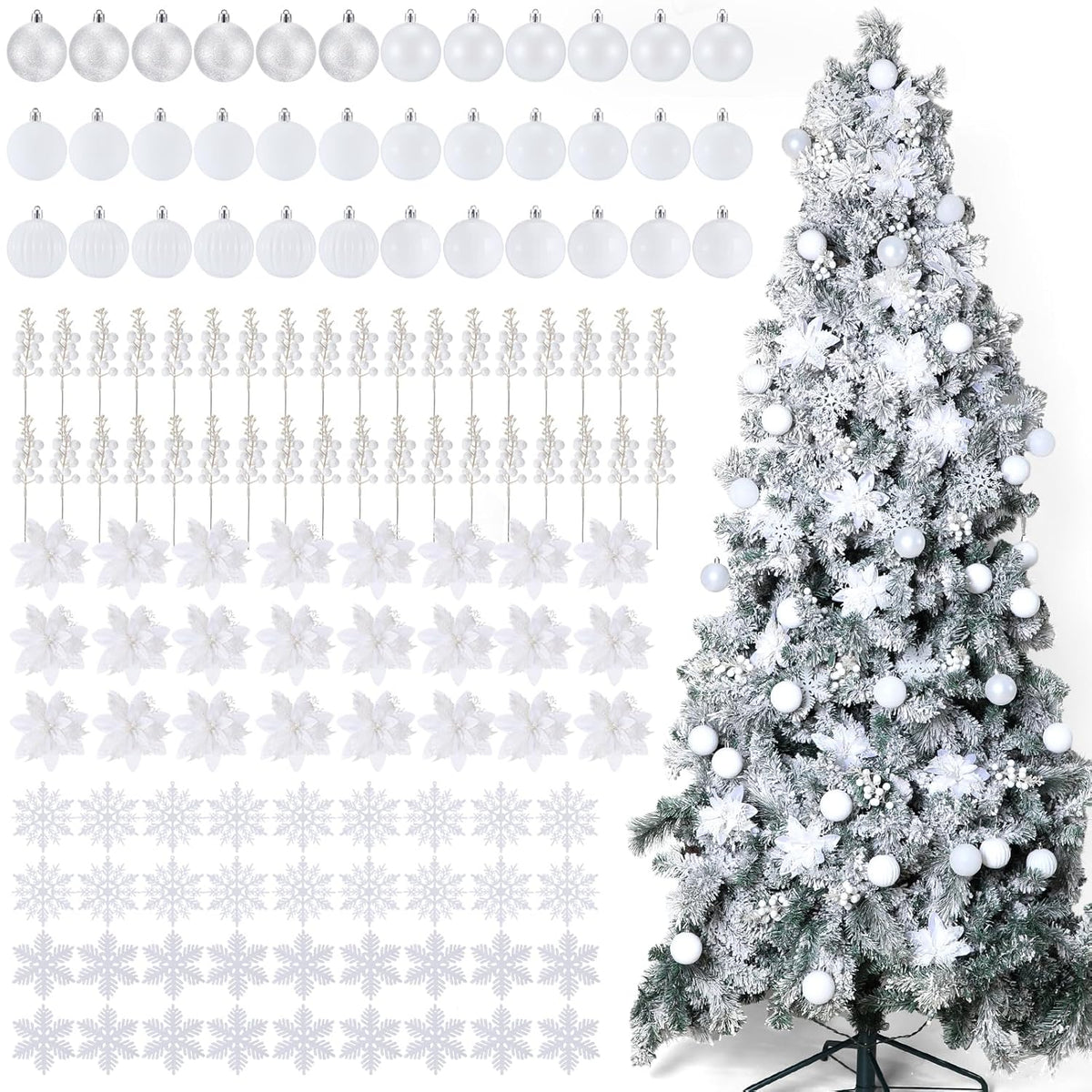 132 Pcs Christmas Tree Ornaments Set Glitter Poinsettia Flowers 2.36 Inch Christmas Balls Snowflakes Decorations Artificial Berry Picks For Xmas Tree Wreath, Hooks Included(White)