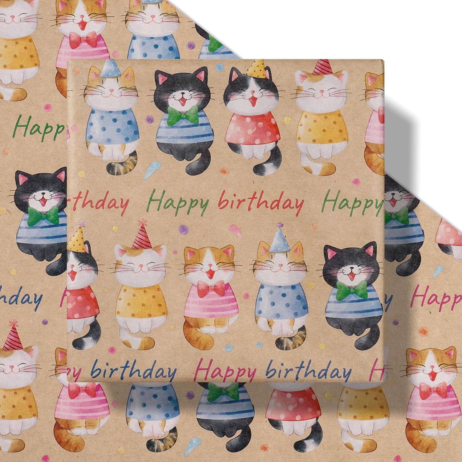 Birthday Wrapping Paper Roll For Boys Girls, Mini Roll, Adorable Cat Kitty Gift Wrap Paper, Colorful Happy Birthday Kraft Paper For Kids' Birthday, Cat Lovers Celebrations, 17 In X 16.4 Ft