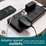 12 Outlet Surge Protector Power Strip 3500J 6FT Braided Extension Cord Wide Spaced Black