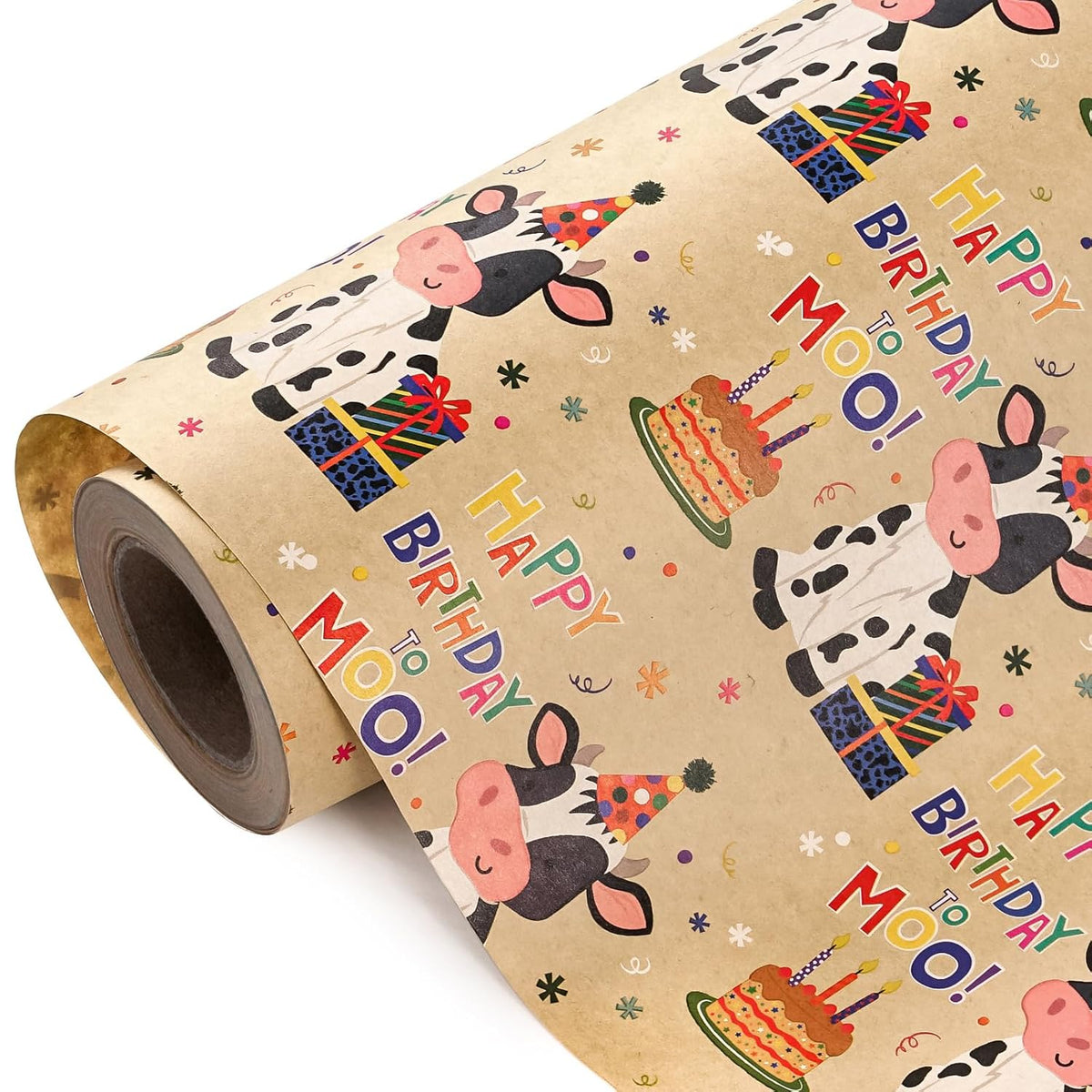 Kraft Cow Birthday Wrapping Paper Roll - Mini Roll - 17 Inch X 16.5 Feet - Cow Wrapping Paper With Cakes And Happy Birthday Moo Design Perfect For Girls Boy Kids, Baby Shower
