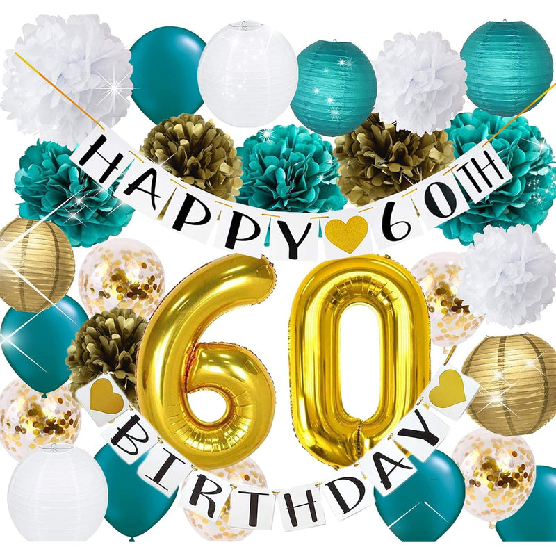 Teal Gold 60Th Birthday Party Decorations For Women Gold Confetti Late