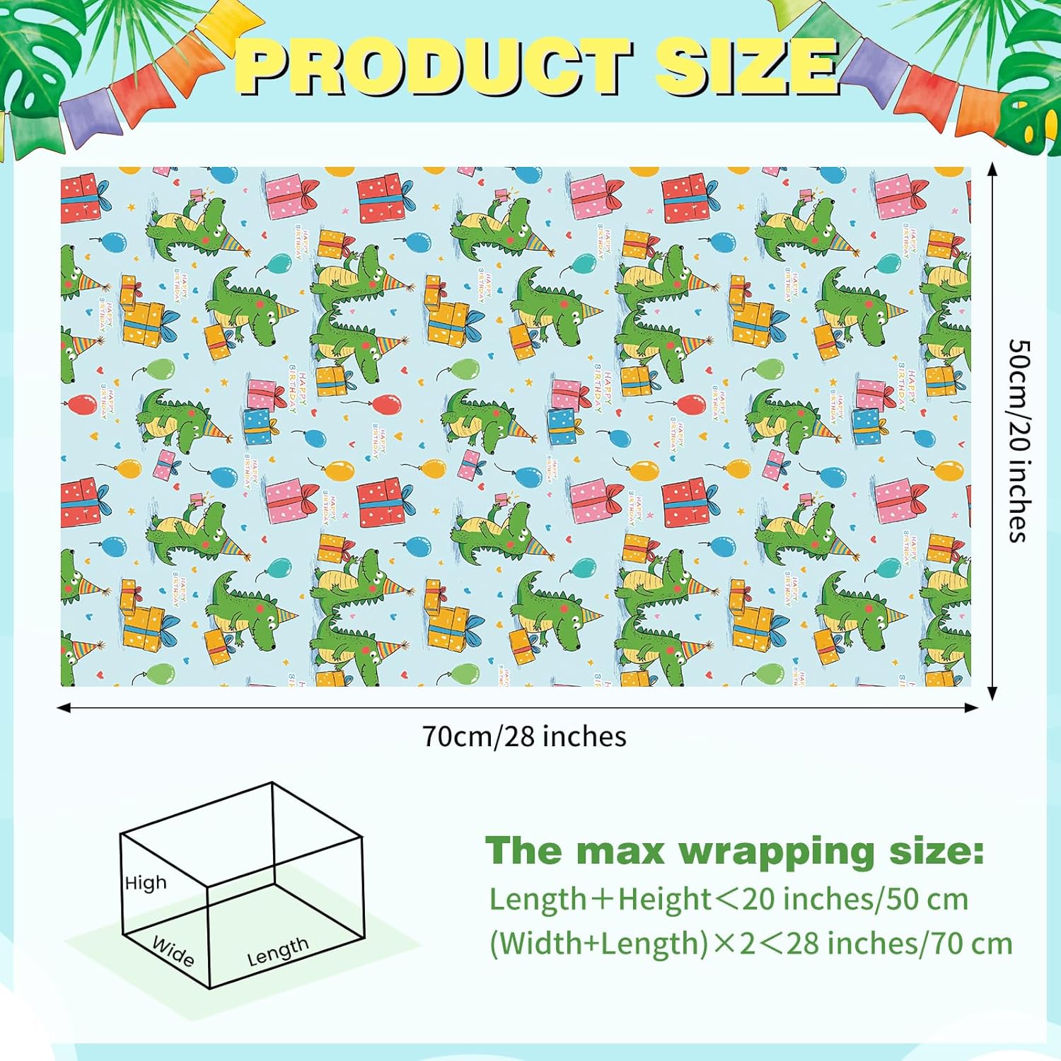 Alligator Birthday Wrapping Paper 12 Sheets Happy Birthday Themed Gift Wrap With Cartoon Crocodile & Gift Box Designs,20"×28"