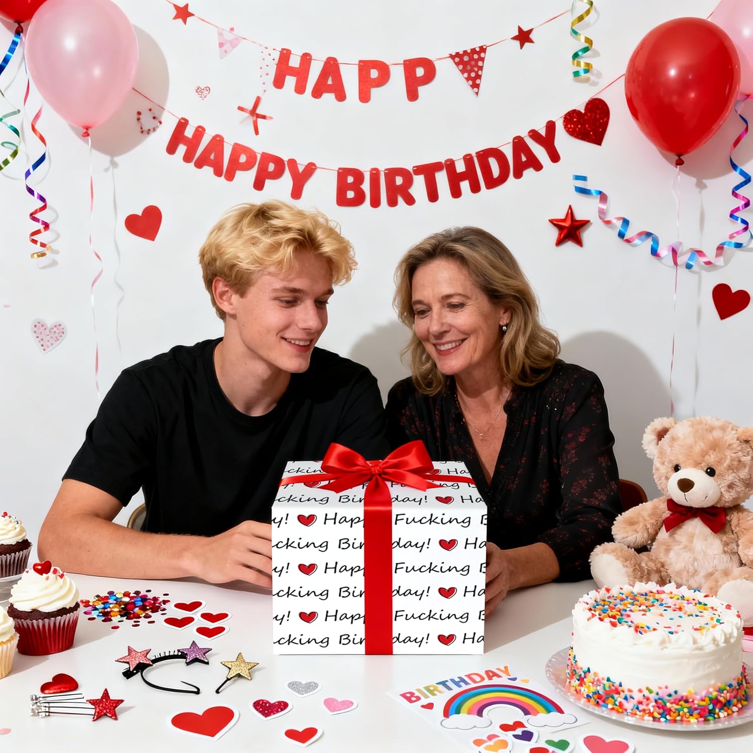 Funny Birthday Wrapping Paper Roll, “Happy F*Cking Birthday” Design With Red Hearts, Bold Humor Gift Wrap For Adults, Friends, Gag Gifts, Birthdays, Mini Roll 17 In X 16.4 Feet