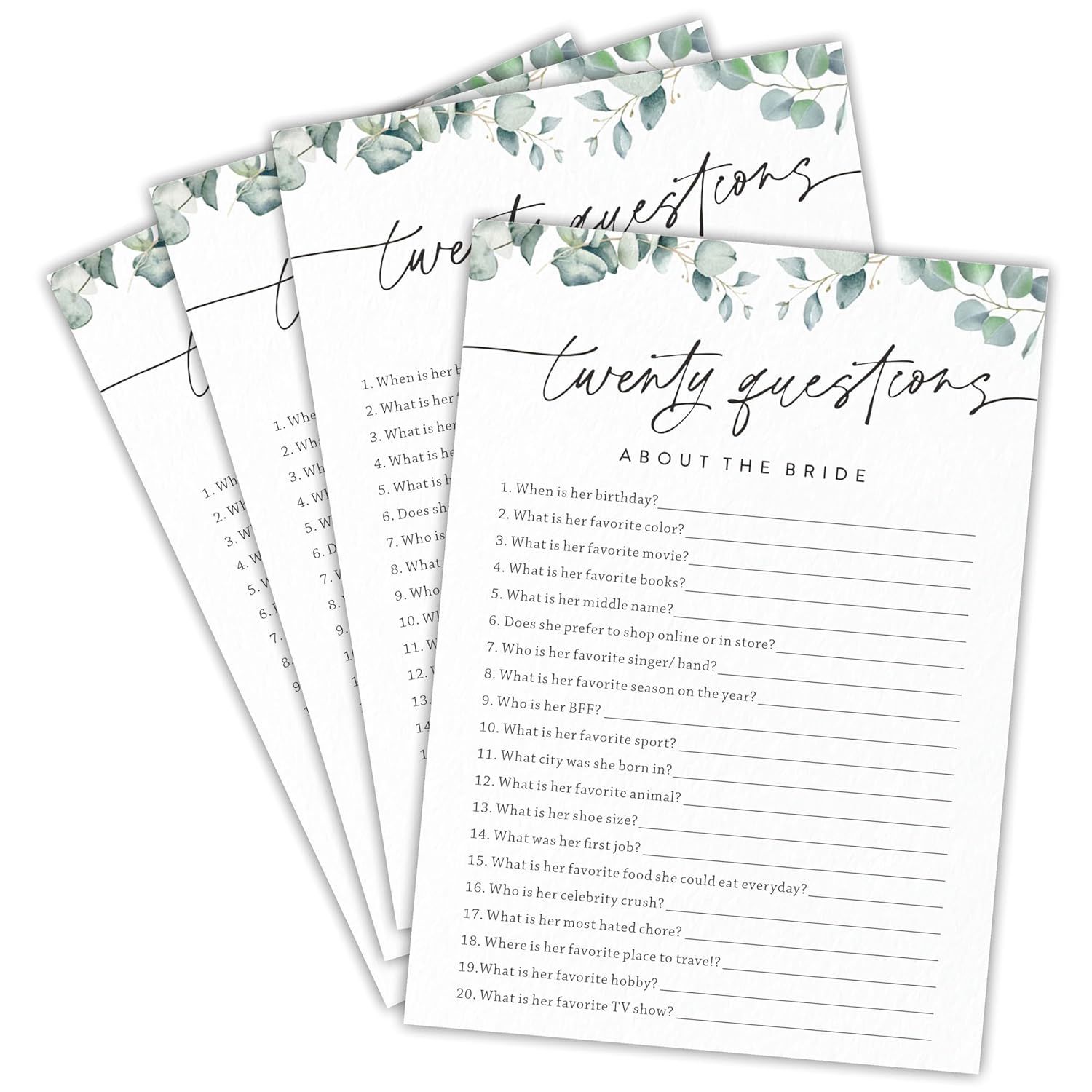 Twenty Questions About The Bride Bridal Shower Game - Greenery Eucalyptus - 30 Pcs Double-Sided Fill-In Wedding Game Cards For Newlyweds, Engagement Party Activities & Decorations -B08