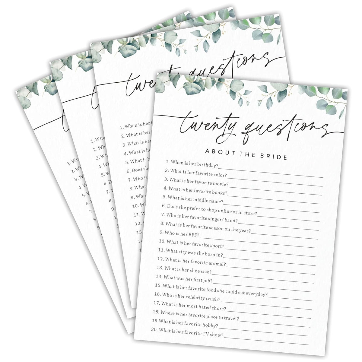 Twenty Questions About The Bride Bridal Shower Game - Greenery Eucalyptus - 30 Pcs Double-Sided Fill-In Wedding Game Cards For Newlyweds, Engagement Party Activities & Decorations -B08