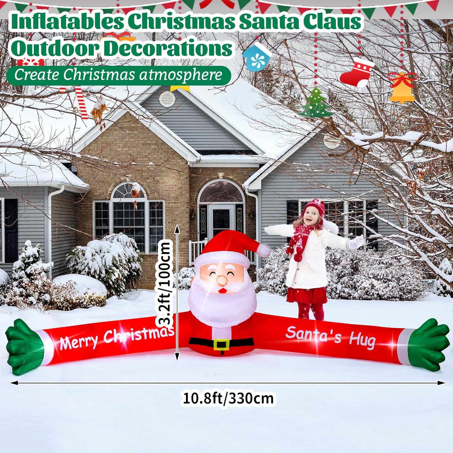 10Ft Christmas Santa Claus Long Arm Inflatables Outdoor Decorations, Christmas Blow Up Hug Santa Claus Decoration With 5
