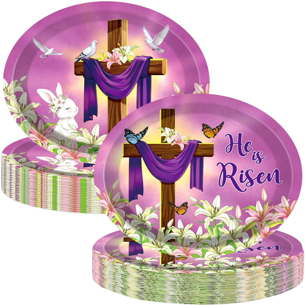 50 PCS Easter He is Risen Paper Plates 11 Inch Disposable Jesus Cross Easter Tableware Easter Party Decorations for Religious Christ Party Spring Lily Floral Supplies