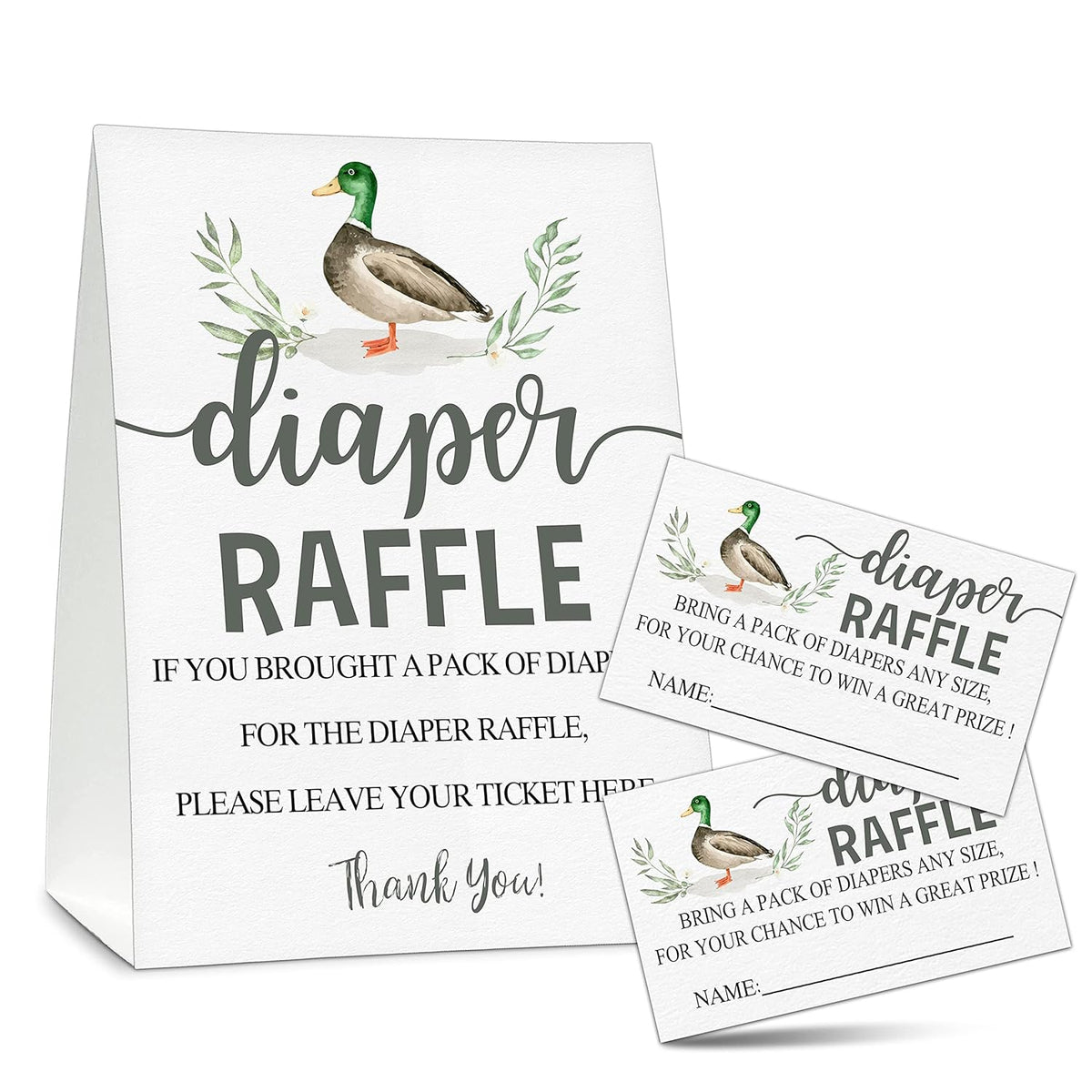 Baby Shower Game Set, 50 Diaper Raffle Tickets With 1 Standing Sign, Mallard Duck Gender Reveal Party Decorations Supplies - B75