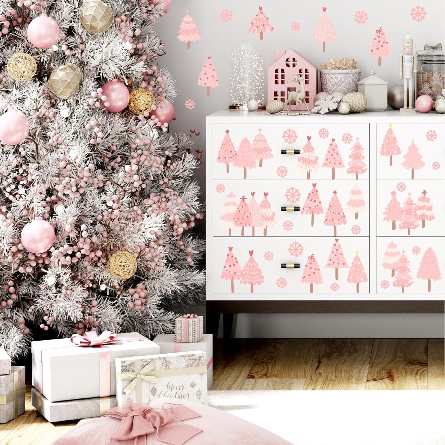 Pink Christmas Tree Wall Decals Merry Christmas Wall Stickers Xmas Tree Snowflake Stickers For Christmas Wall Decoration Indoor Pink Pine Tree Wall Decals For Kids Bedroom Winter Holiday Party Decor
