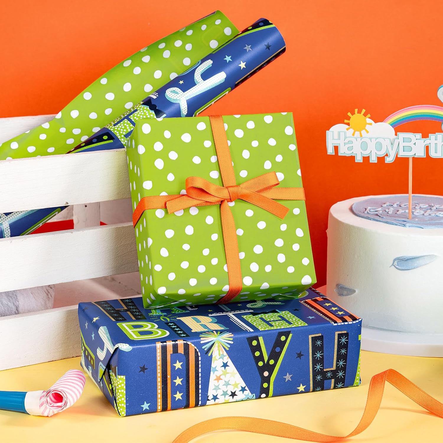 Reversible Boys Birthday Wrapping Paper Roll, Mini Roll, Blue Happy Birthday Letters And Green Polka Dot Design Gift Wrap Paper For Kids Boys, Holiday 17 Inches X 16.4 Feet