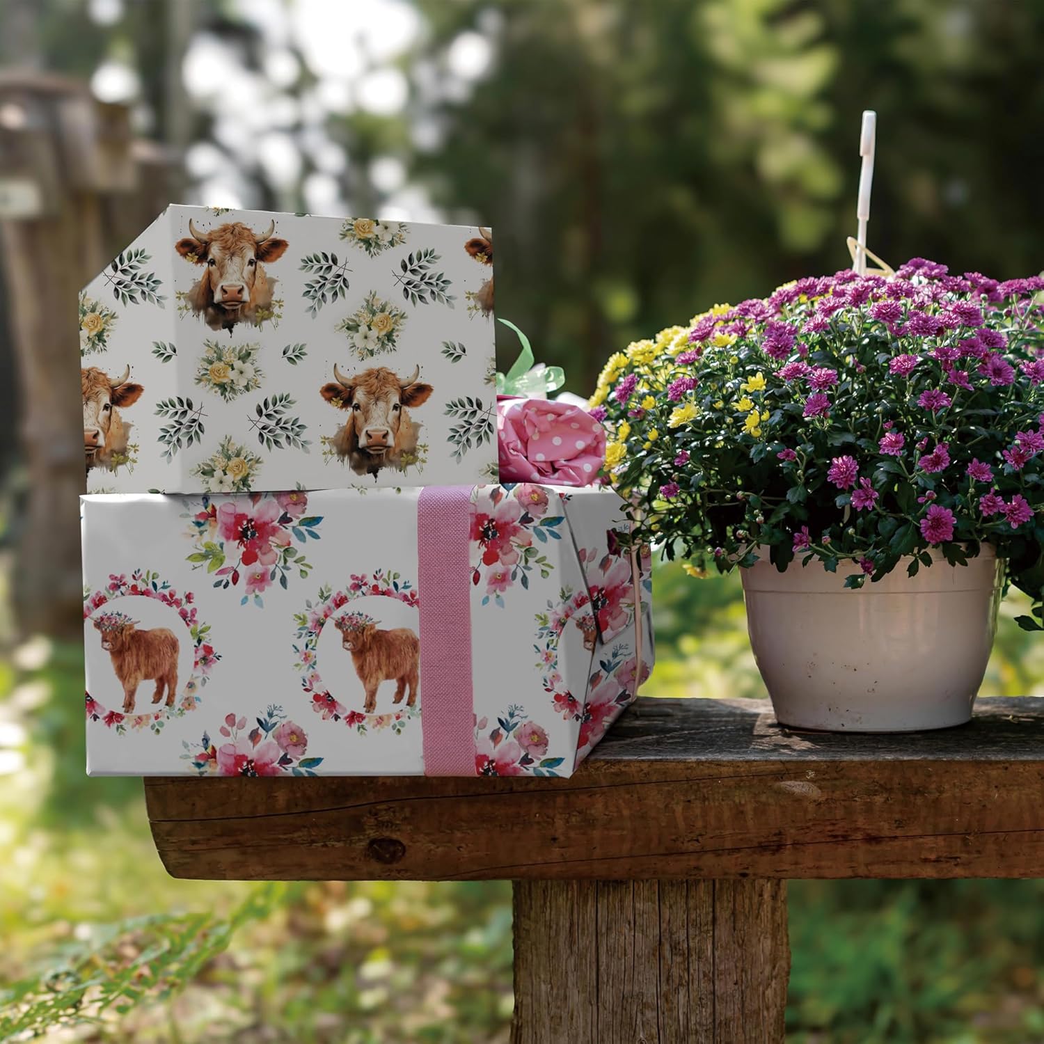Highland Cow Floral Wrapping Paper - 4 Jumbo Sheets, 28 * 40 Inches - Cute Highland Cattle Pink Flower Wreaths Gift Wrap, Perfect For Birthday Baby Shower Wedding Bridal Shower Christmas