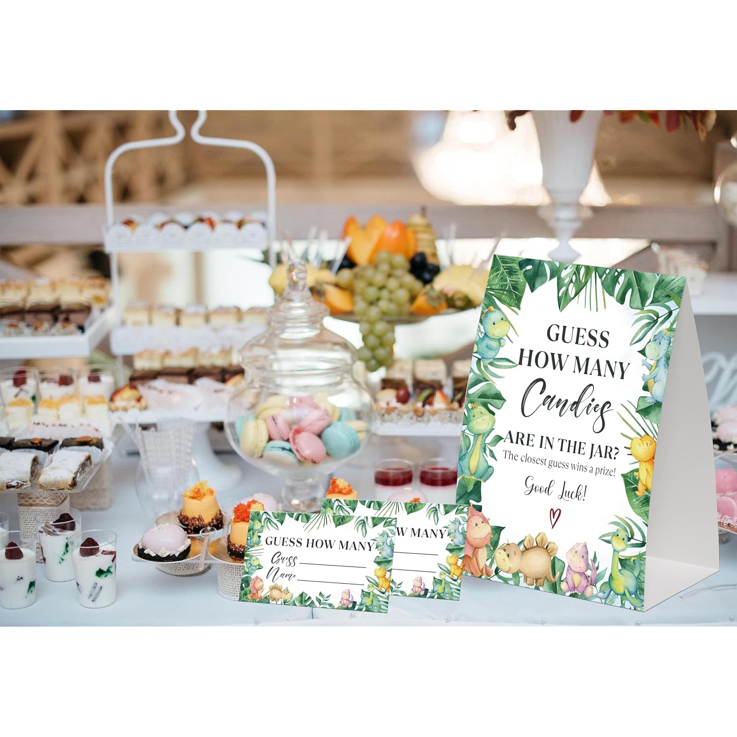 Dinosaur Guess How Many Candies Are In The Jar Game For Baby Shower, Pack Of One 5X7 Sign And 50 Guessing Cards, Greenery Baby Shower Decoration, Gender Neutral Party Supplies - Gc07