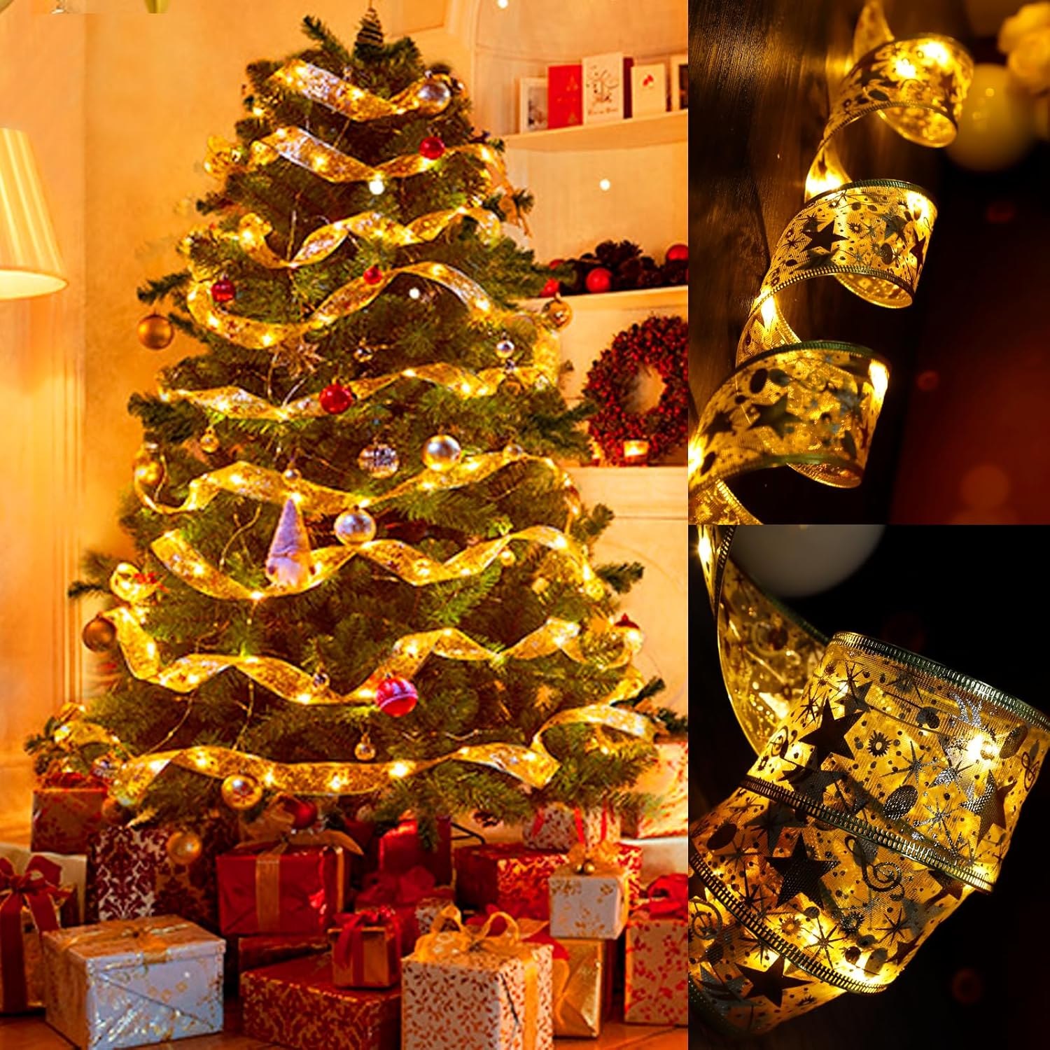 Gold Warm Ribbon Lights 32Ft 100 Led Christmas Tree Decorations Battery Powered String Lights Copper Wire Ribbon Bows Li