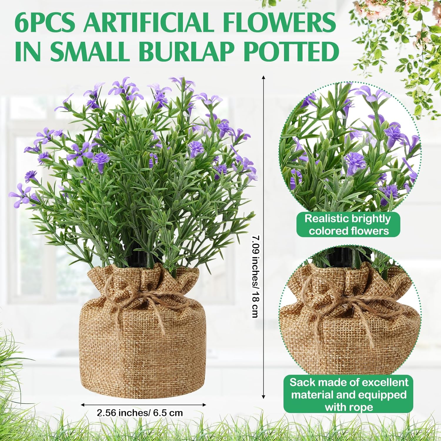 6 Pcs Artificial Flowers In Small Burlap Potted Faux Flowers Simulation False Plants Small Bonsai Creative Home Decoration Ornaments Kitchen Dining Room Fake Plants Indoor Outdoor