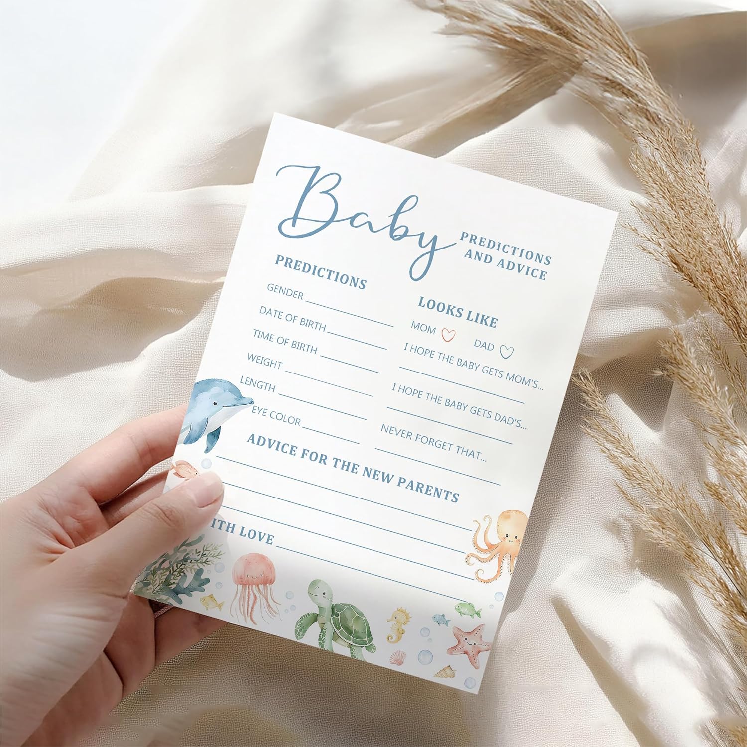 Baby Shower Predictions And Advice Cards For New Parent, Ocean Baby Shower Game For Girl Boy, 25 Pack Sea Animal Design, Gender Neutral Party Activity-D01