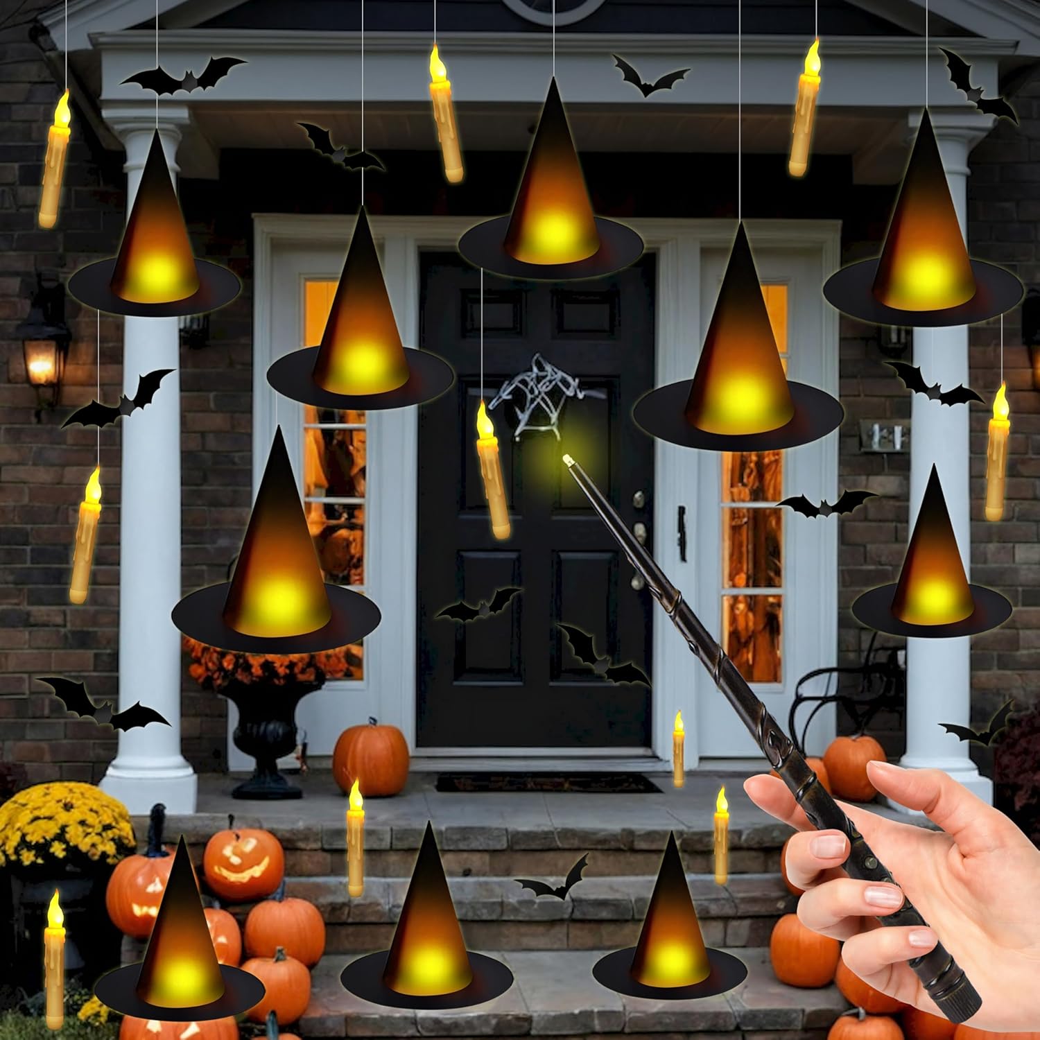 Floating Candles With Wand, 12Pcs Magic Hanging Candles, Floating Light Up Witch Hats With Flameless Candle With Wand Remote, Witch Hat 3D Bats Wall Stickers Decorations For Halloween Party