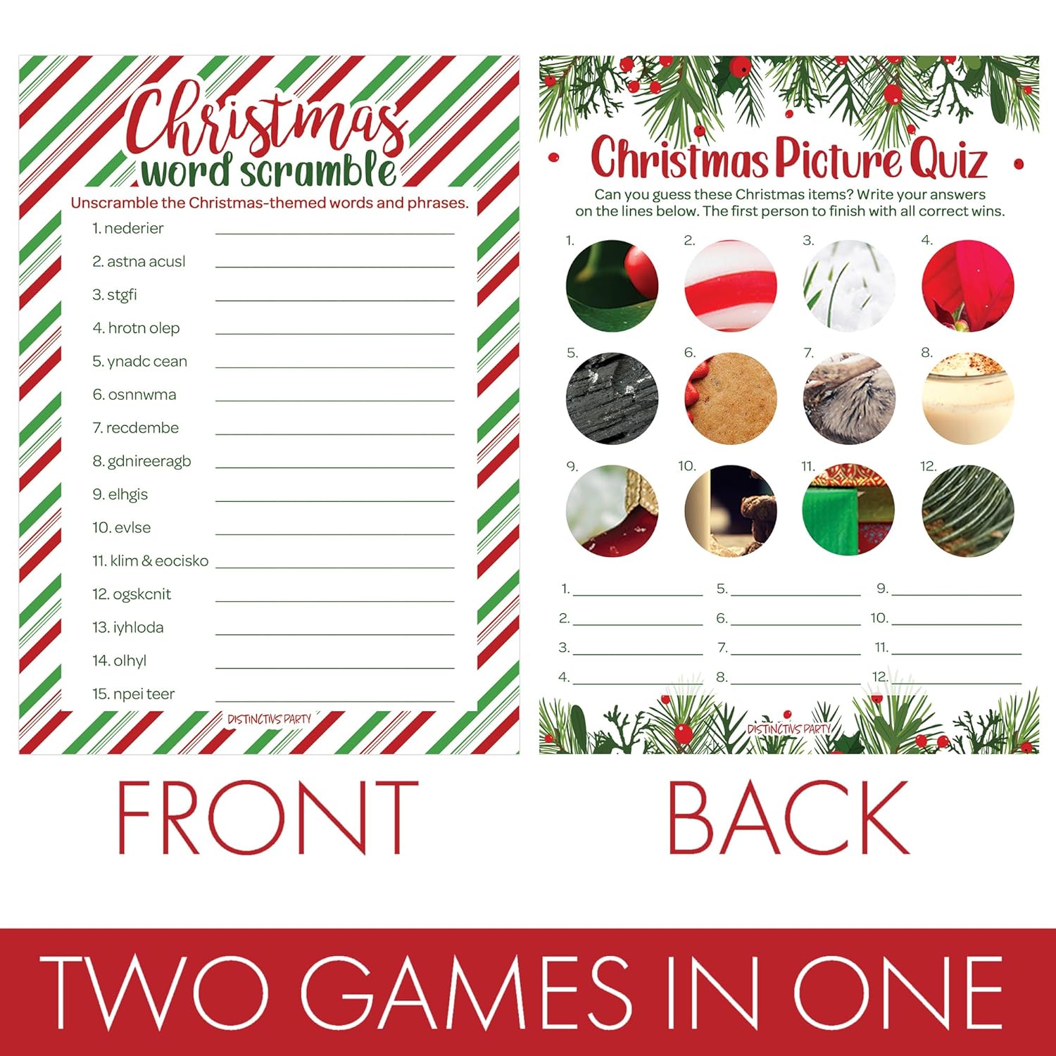 Christmas Party Games, Festive Holiday Word Scramble And Christmas Picture Quiz (2 Game Bundle) - 25 Dual Sided Cards