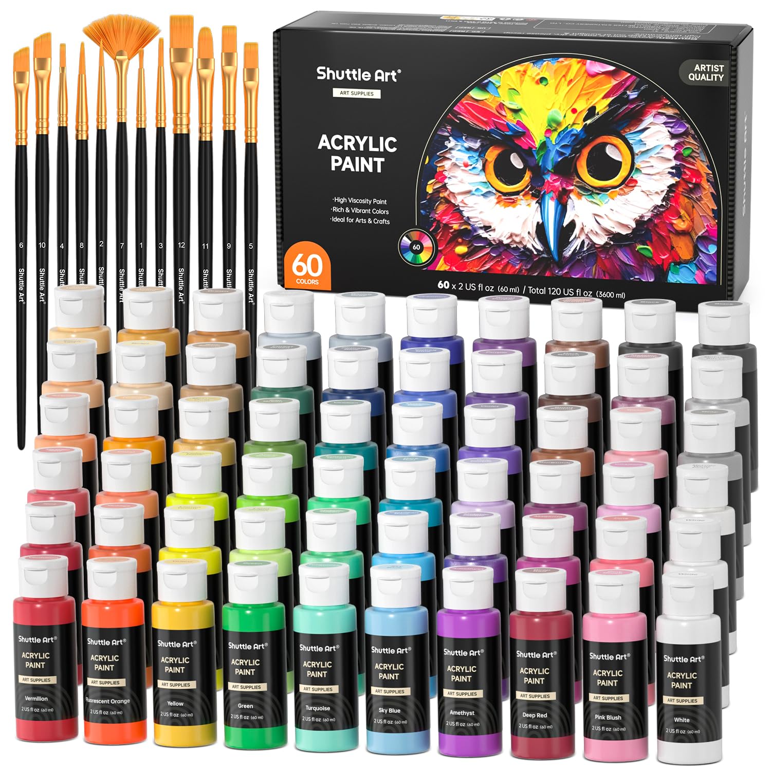 72 Pack Acrylic Paint Set, 60 Colors Acrylic Paint Including Extra White Black & 12 Brushes, 2Oz/60Ml, Rich Pigmented, Water Proof, Ideal For Artists, Beginners On Canvas Rock Wood Ceramic