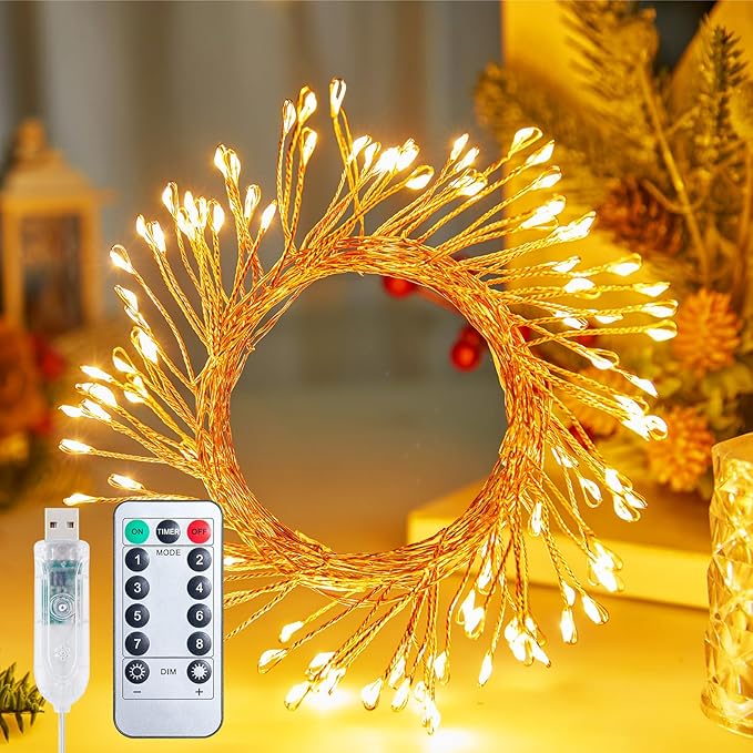 10FT 120 LED USB Fairy Lights Warm White Cluster String Lights with Remote 8 Modes Silver Wire Firecracker Lights for Bedroom Wedding Christmas Decor