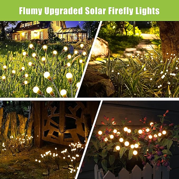 2 Pack Solar Firefly Garden Lights 16 LED Warm White Waterproof Yard Patio Decor
