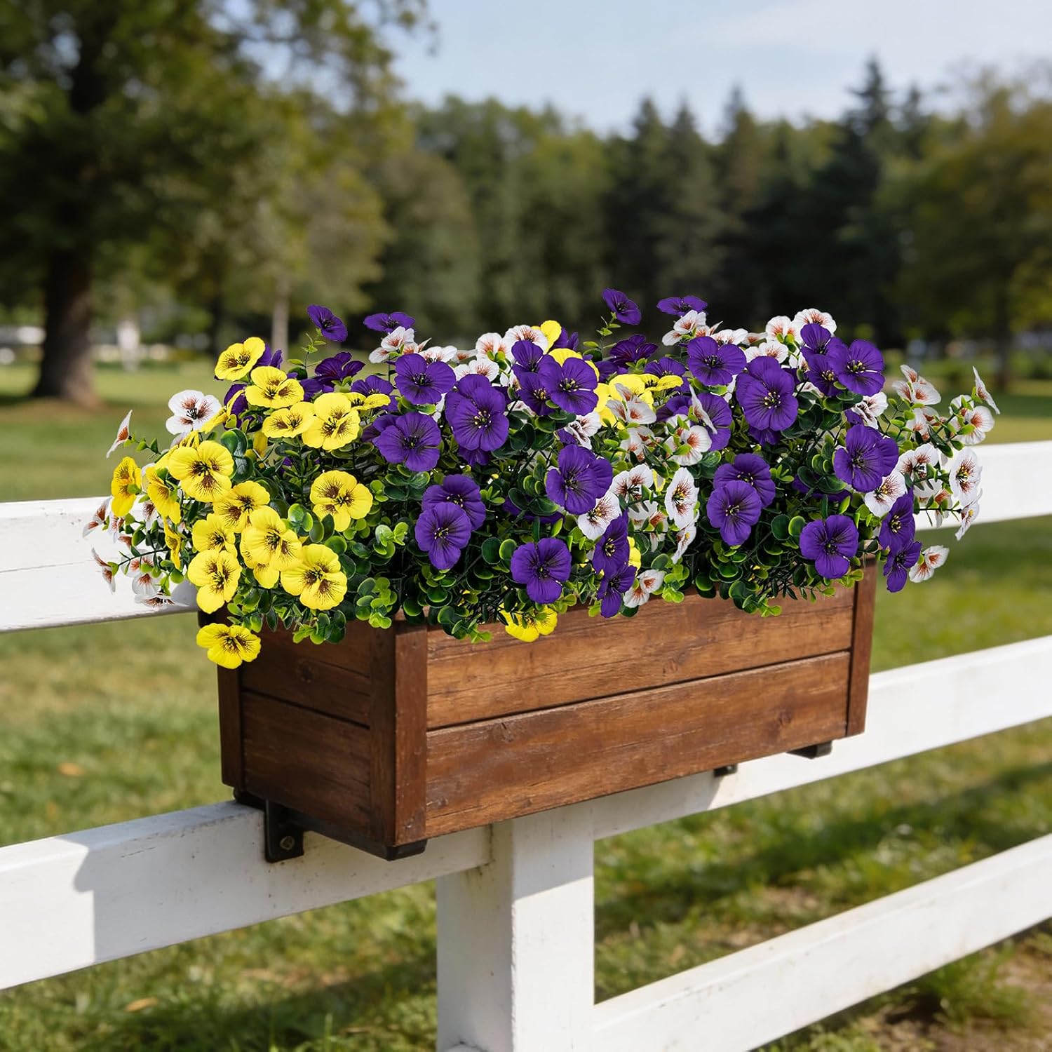 17 Inch Artificial Faux Pansy Flowers For Outdoor,Fake Pansies Flowers With Eucalyptus Leaves Fake Plants Greenery Boxwood Porch Patio Decor 6 Bundles(Dark Purple, Yellow, White)