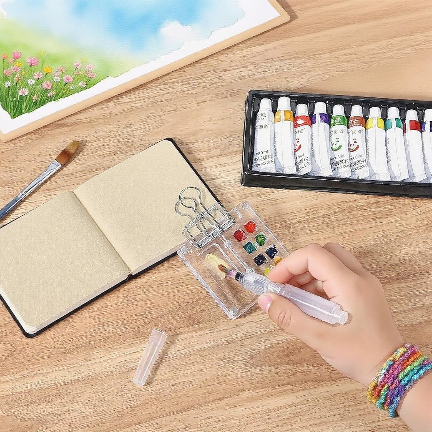 Mini Watercolor Paint Set Mini Watercolor Travel Set - Pocket Artist Wooden Palette With Sketchbook, Brush Pens & Clips, Portable Art Kit For Adults/Beginners (Acrylic 8Grids)