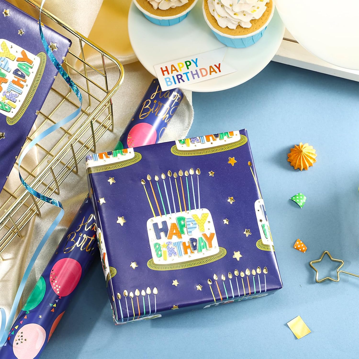 Blue Birthday Wrapping Paper Roll For Boys Men, Happy Birthday Lettering & Cake, Candle With Metallic Foil For Baby Shower Wrap, Mini Roll, 17 Inches X 16.4 Feet