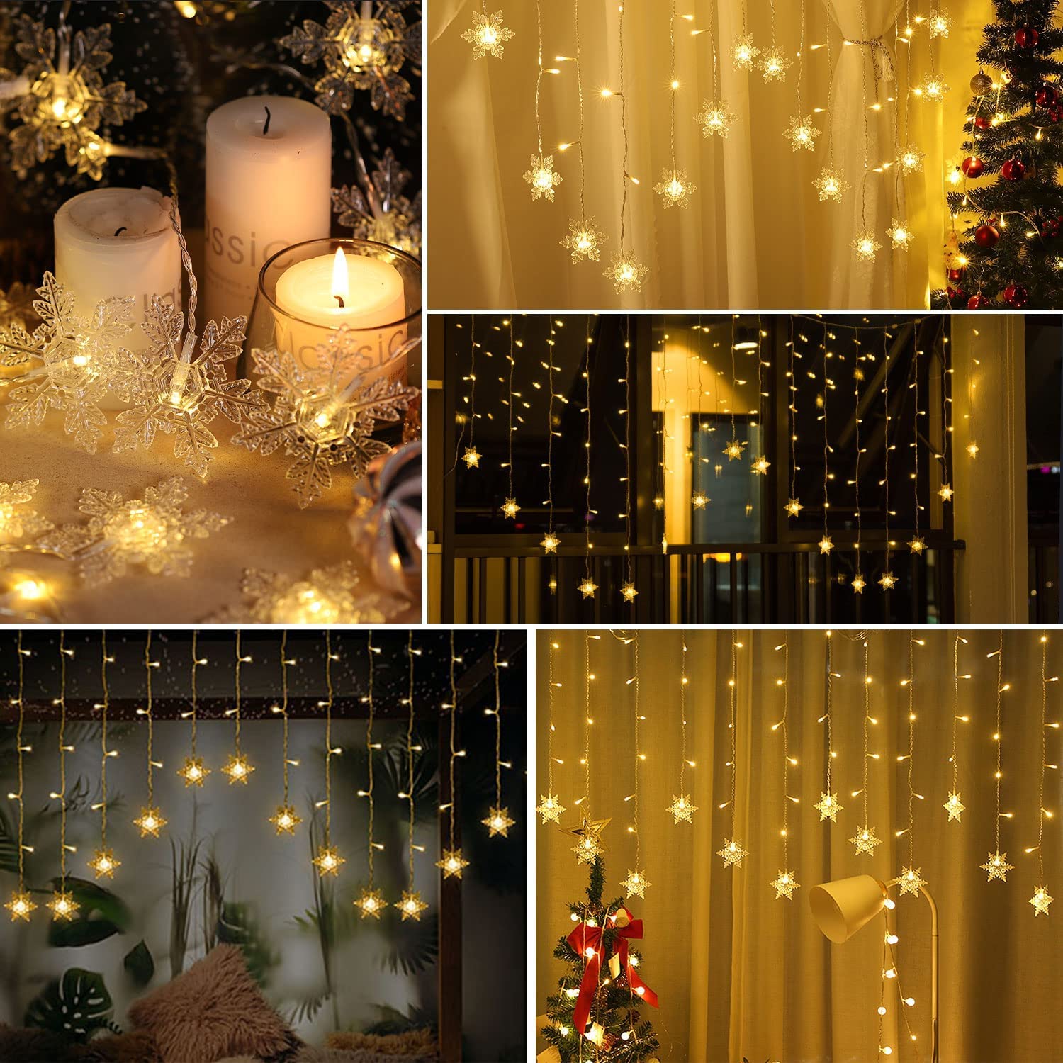 13Ft/4M 96 Led Snowflake Curtain String Lights Plug-In Memory Window Lights With 8 Modes For Christmas, Wedding, Party,W