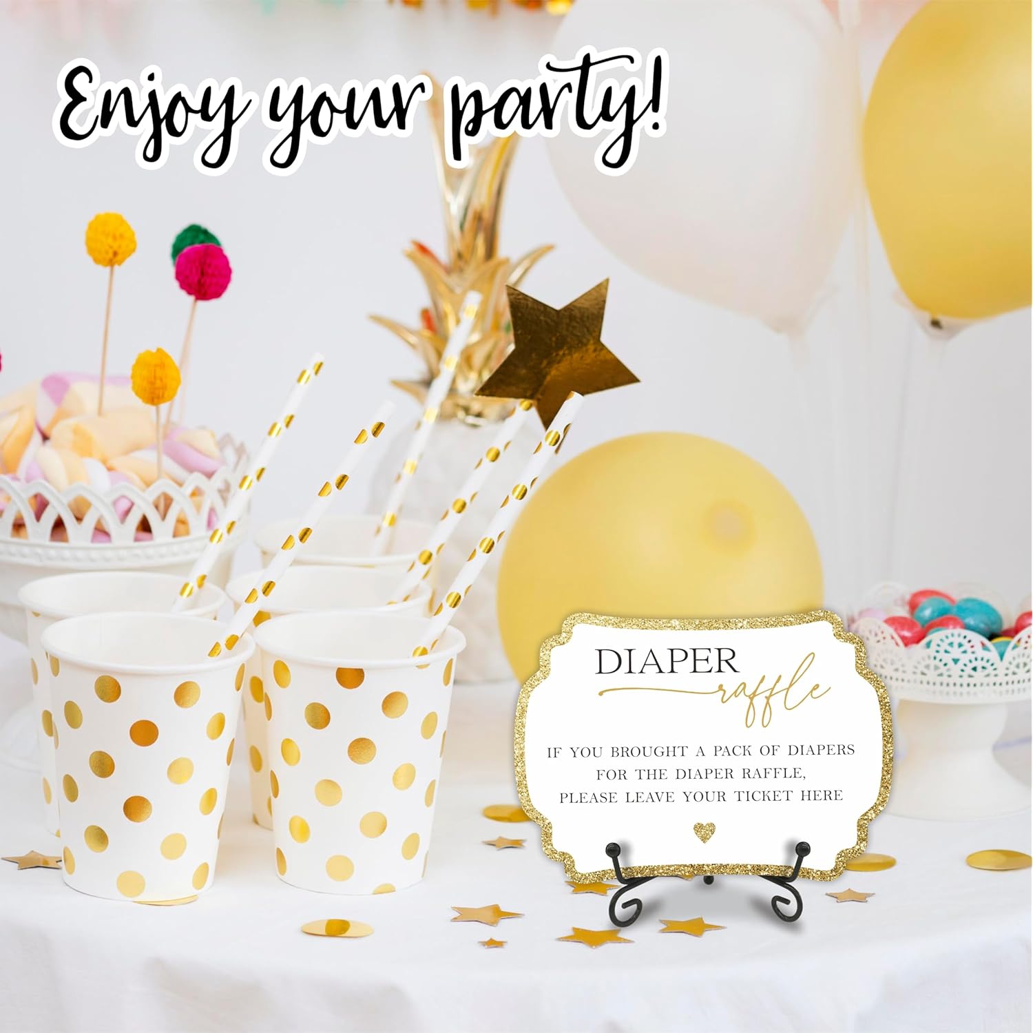 Golden Diaper Party Game Set, 50 Pcs Diaper Raffle Tickets, 1 Wooden Sign & 1 Iron Stand, Gender Neutral Baby Shower Game Kit For Boys & Girl, Newborn Baby, Party Favor & Supplies - A01