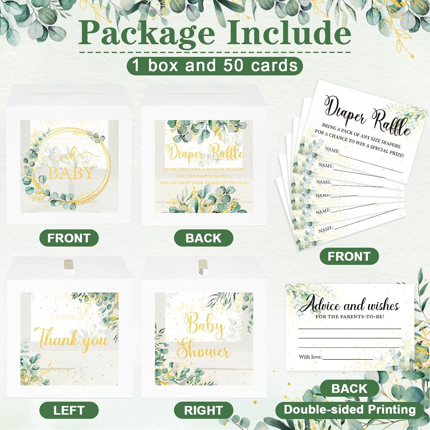 Greenery Baby Shower Games For Girl Or Boy, Oh Baby Sage Green Diaper Raffle Card Box With Tickets For Boy Baby Shower Decorations