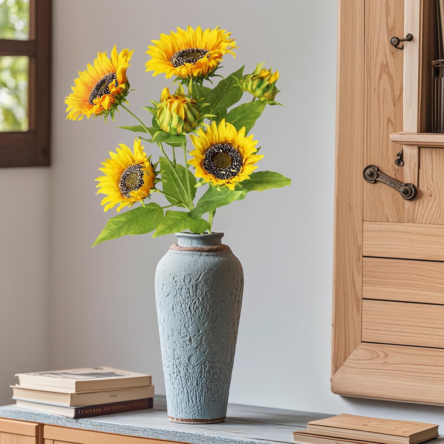 Artificial Sunflowers Silk Flowers Fake Branches Decorative Plants Stems For Home Office Shop Decor (2Pcs)