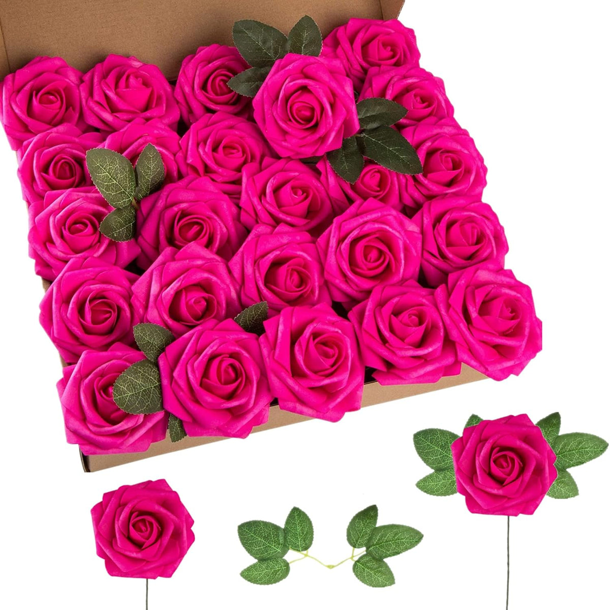 Artificial Flower Foam Rose 25Pcs Real Looking Fake Rose With Stems Leaves For Home Decoration Party Garden Centerpieces Diy Wedding Bouquets?Hot Pink?