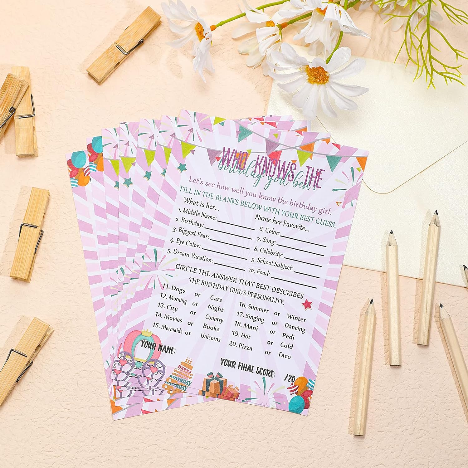 Who Knows The Birthday Girl Best, 50 Pieces Birthday Party Activity Game Card Set Girly Pink Sprinkles Themed Game Card With 20 Pieces Pre-Pointed Wood Pencils For Teen Girl Sleepover Slumber Party