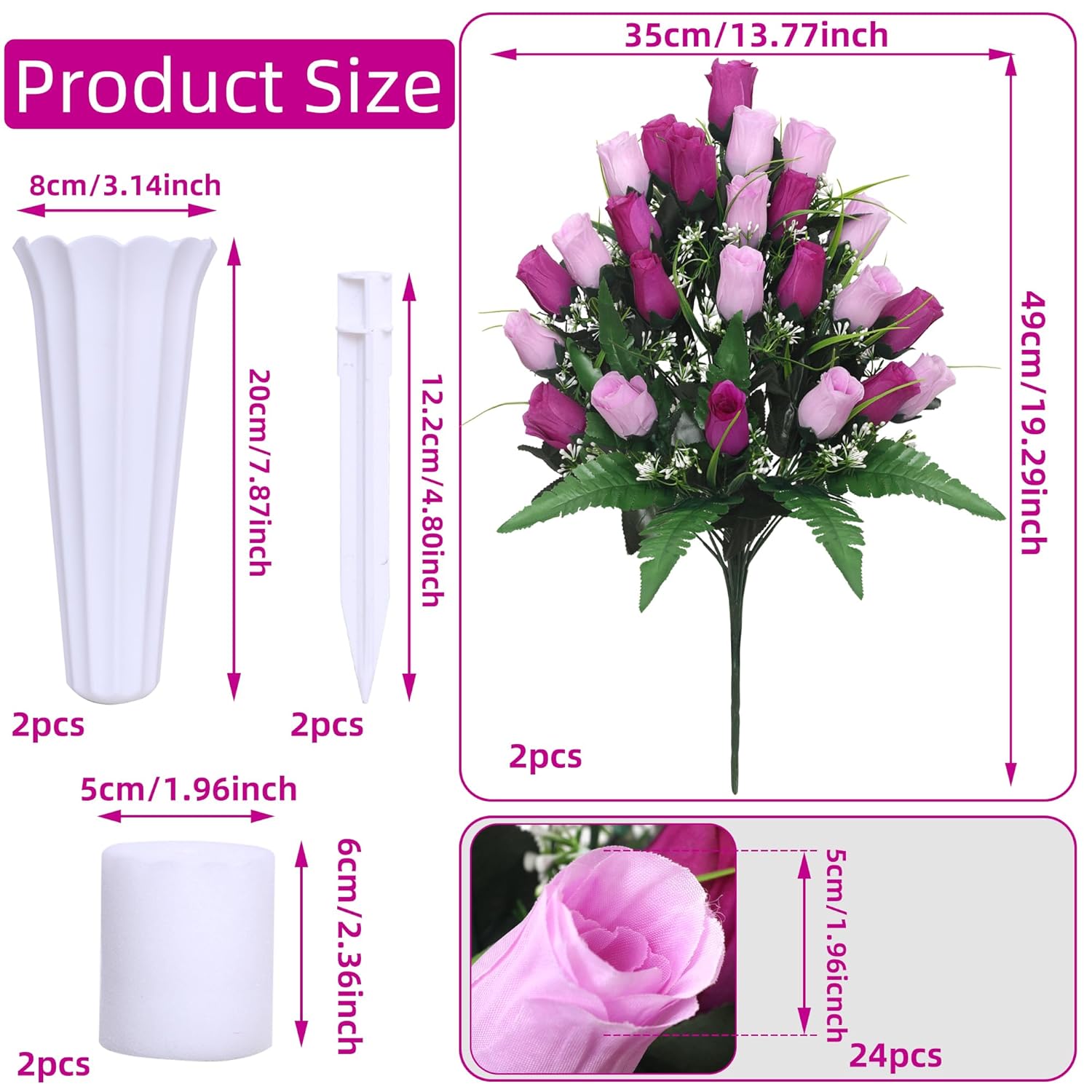 Artificial Cemetery Flowers,Outdoor Grave Decorations Roses,Arrangements Bouquet With Cemetery Vase, Silk Flowers For Long-Lasting Remembrance (Purple)