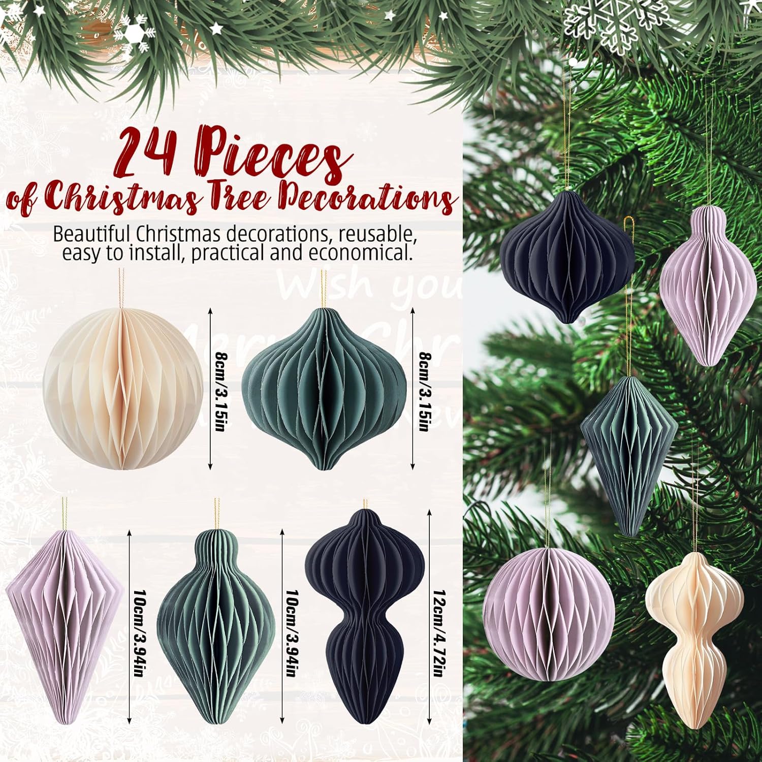 24 Pcs Christmas Paper Honeycomb Ornaments 3D Christmas Party Decorations Hanging Ornaments For Xmas Tree Hanging Centerpieces Paper Ball For Garland Xmas New Year Party Holiday Decor Home