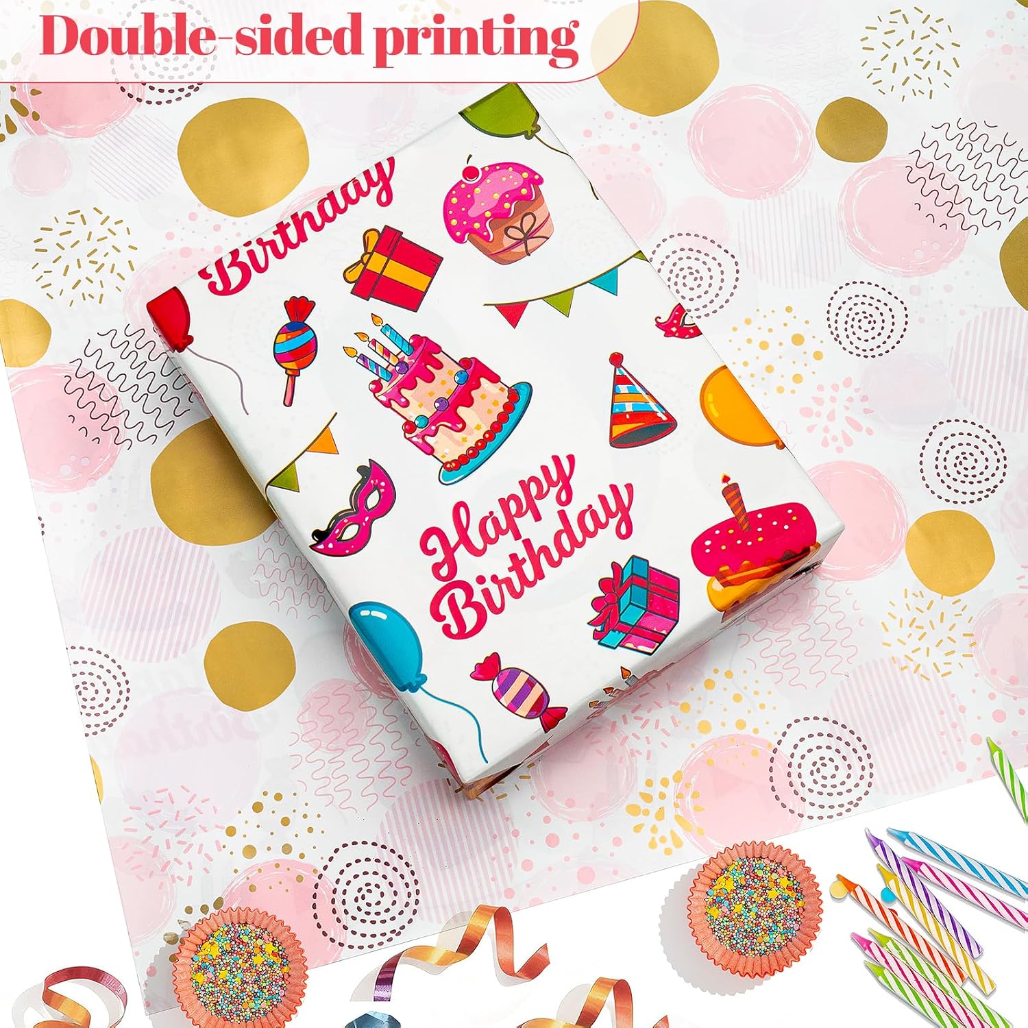 Reversible Birthday Wrapping Paper, Pink Wrapping Paper Mini Roll, Colorful Balloons And Cake Designs For Birthday Christmas Holiday Wedding Baby Shower, 17 Inch X 32.8 Feet