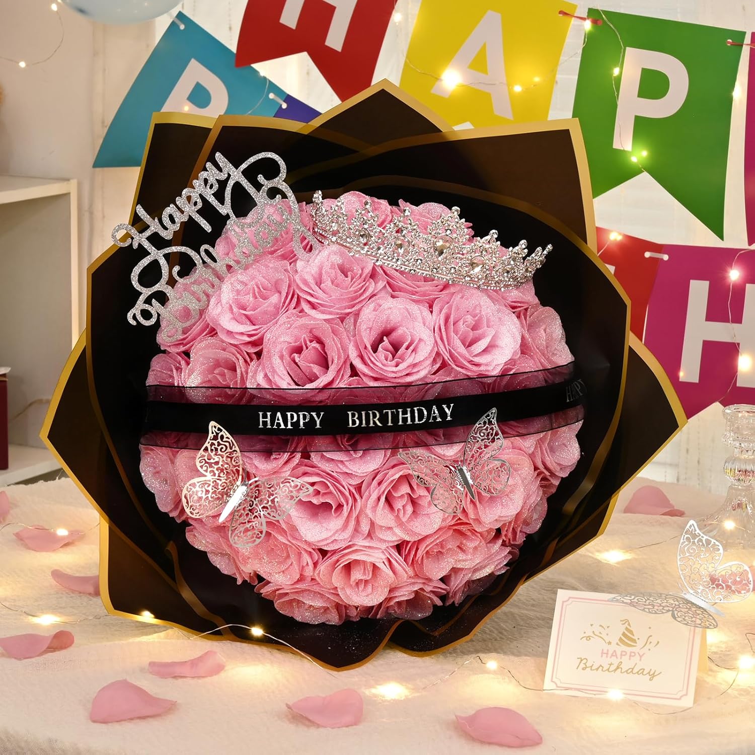 Glitter Roses Bouquet,Birthday Gifts For Women Mom,Diy Fake Flowers Bouquet With Birthday Stand-Up Signs,36 Pink Rose For Grandma Wife Friends