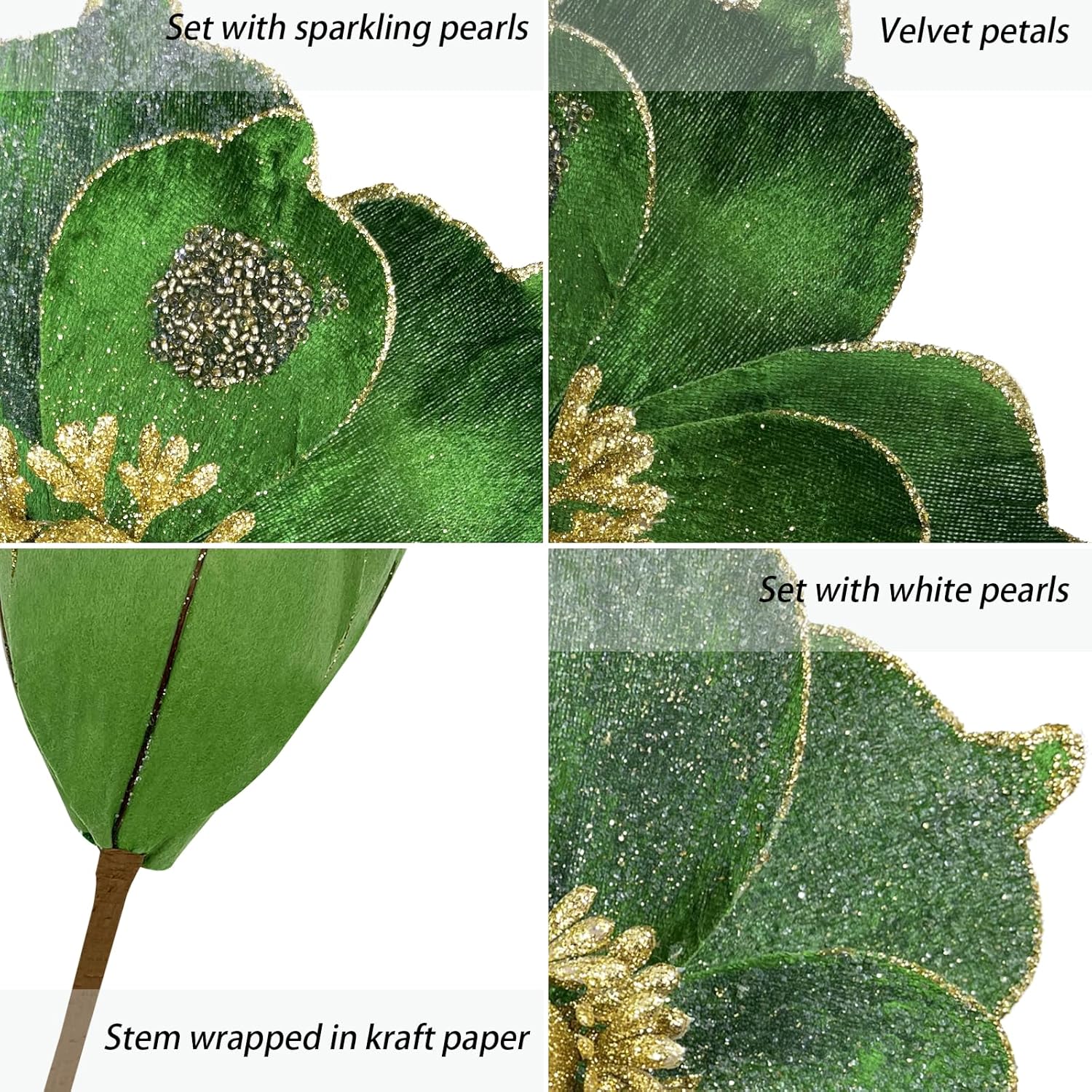 9In Christmas Flowers Large Glitter Magnolia Flowers Velvet Christmas Decorations Green Christmas Tree Ornaments Set Of 6 Giant Artificial Flowers With Stems For Xmas Tree Holiday