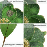 9In Christmas Flowers Large Glitter Magnolia Flowers Velvet Christmas Decorations Green Christmas Tree Ornaments Set Of 6 Giant Artificial Flowers With Stems For Xmas Tree Holiday