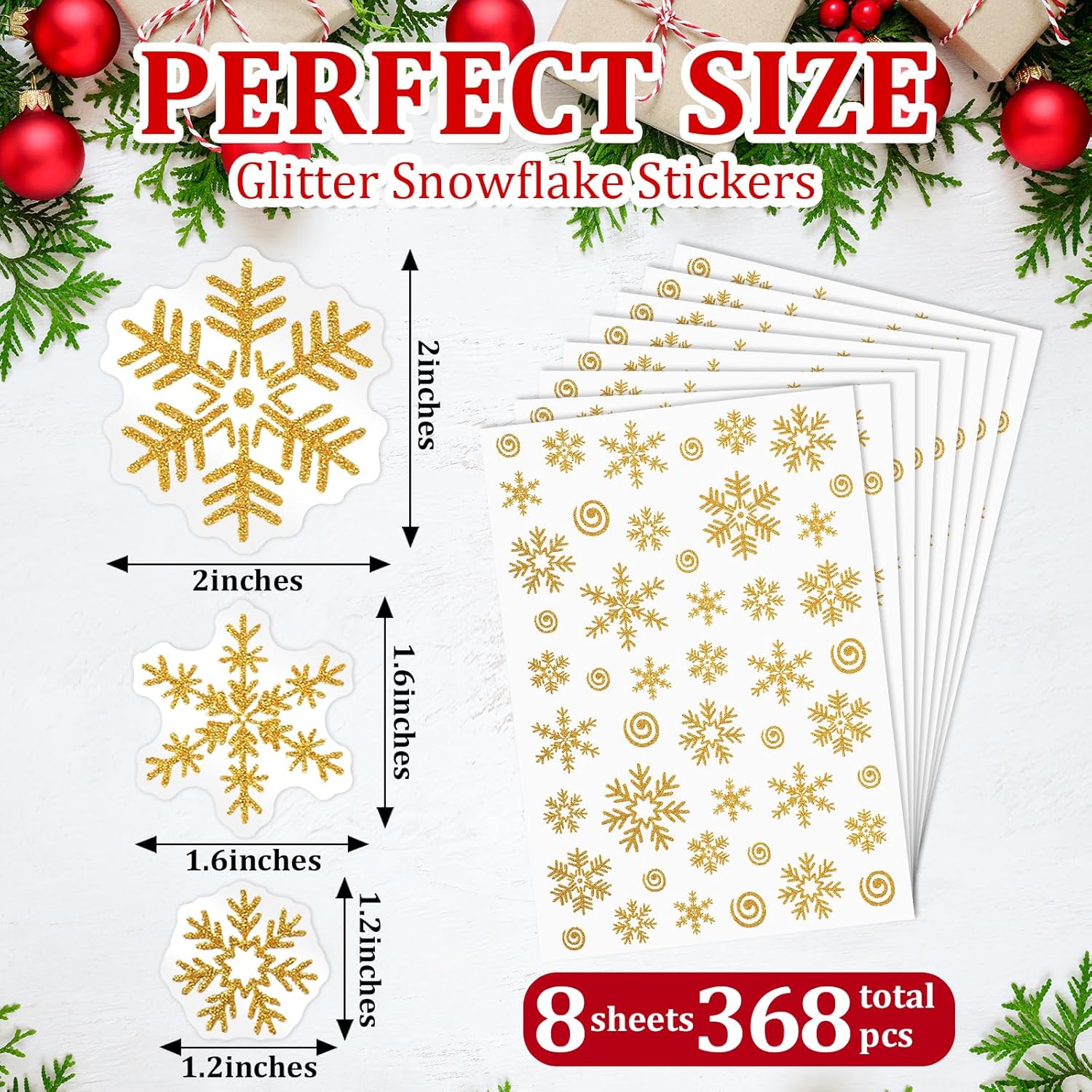 Christmas Envelope Seal Glitter Winter Snowflake Sticker Label, 368Pcs Xmas Sticker For Card Gift Box Decorations (Gold, 8 Sheets)