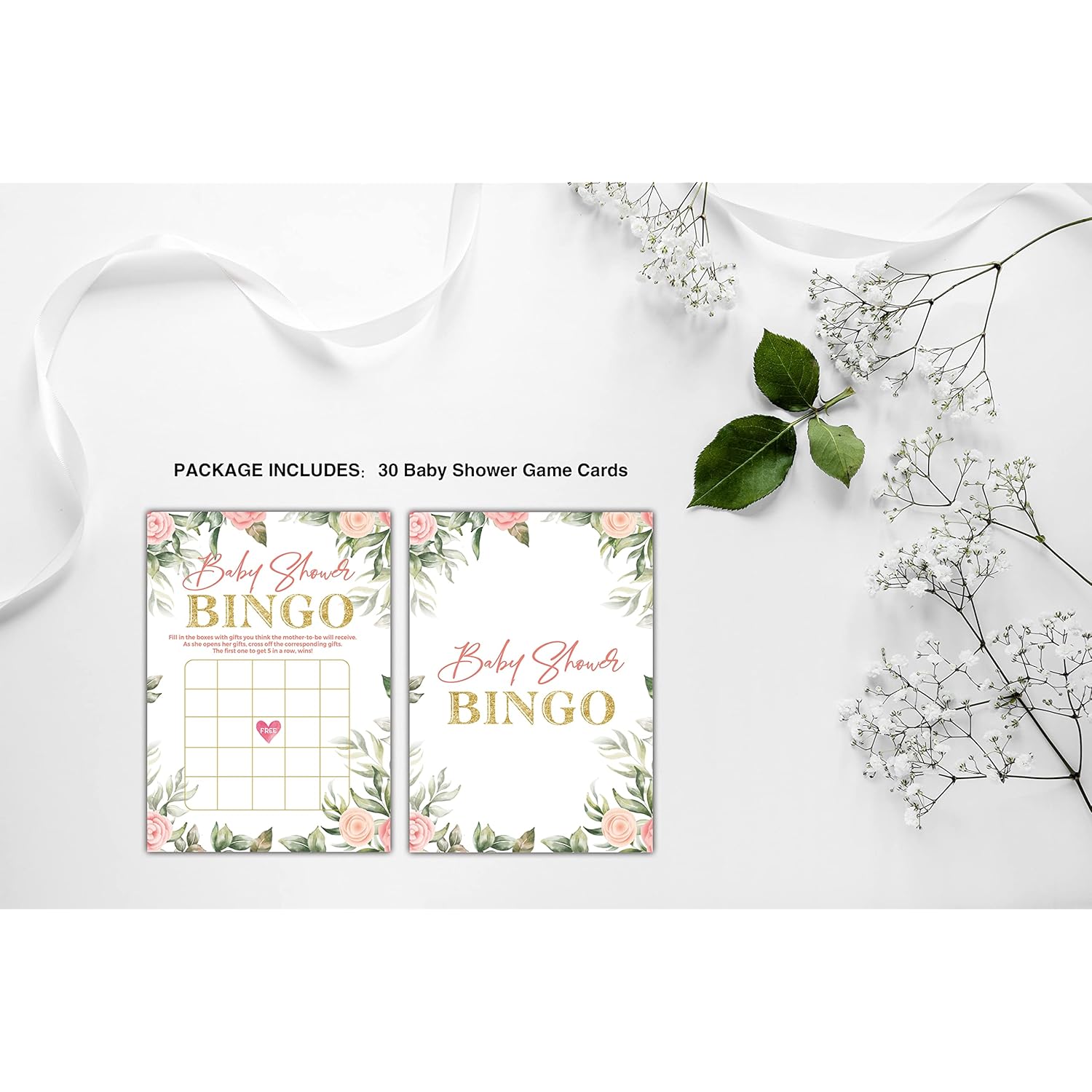 Baby Shower Games - Floral Greenery Gender Reveal/Baby Bump Party Supplies - Pack Of 30 Game Cards(A04)