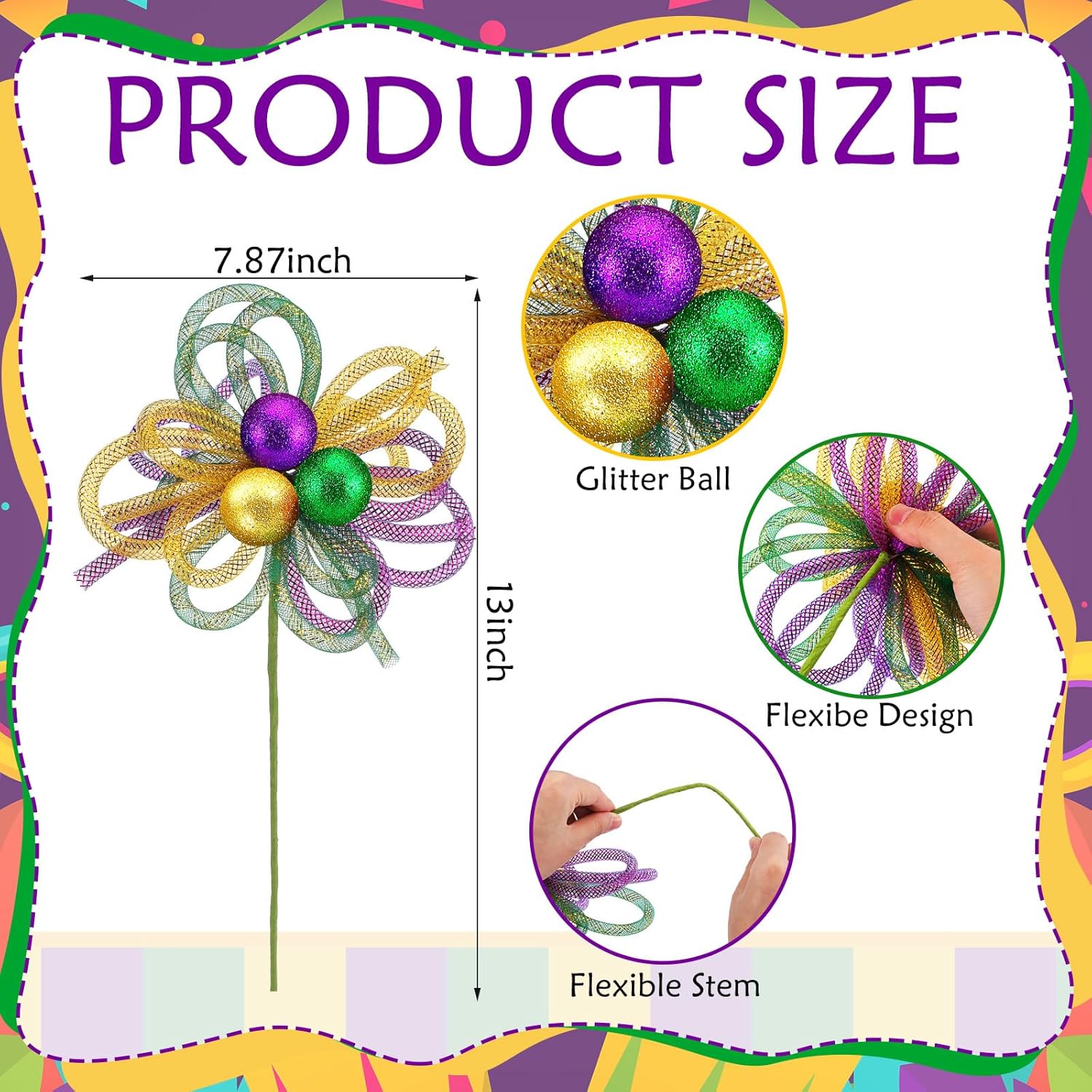 6 Pcs Mardi Gras Flowers 13 Inch Mardi Gras Picks Purple Green Gold Floral Glitter Ball Picks And Sprays For Carnival Tree Topper Wreath Carnival Party Diy Vase Bouquet Home Table Decor