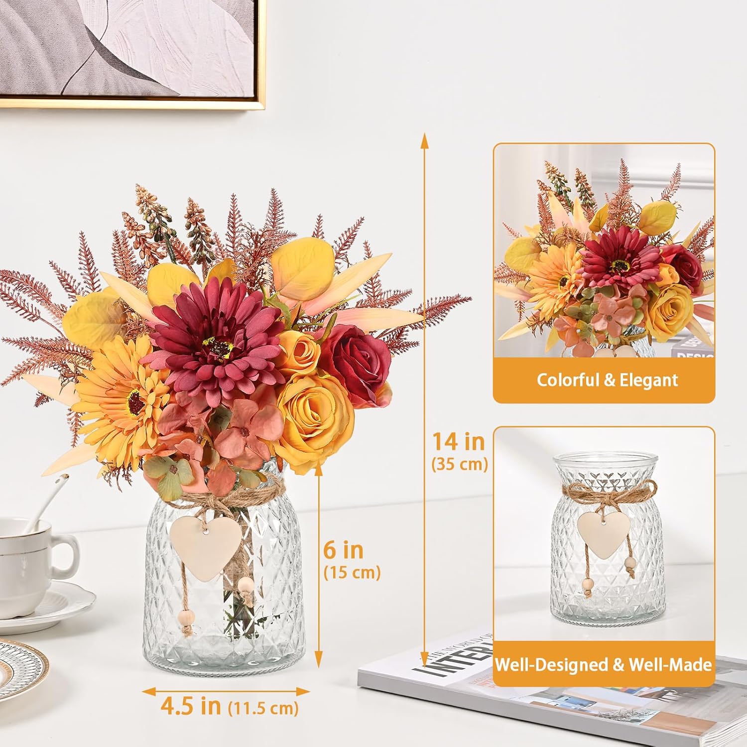 Artificial Dahlia Flowers With Vase, Silk Fall Flowers In Vase - Fall Decor For Home Centerpieces, Thanksgiving Party, Rustic Wedding
