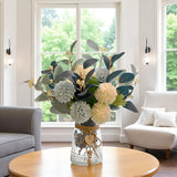 Artificial Flowers With Vase, Faux Flower Arrangement With Eucalyptus Leaves, Silk Hydrangea Table Centerpiece For Home Office Kitchen, Dining Room & Coffee Table Decor