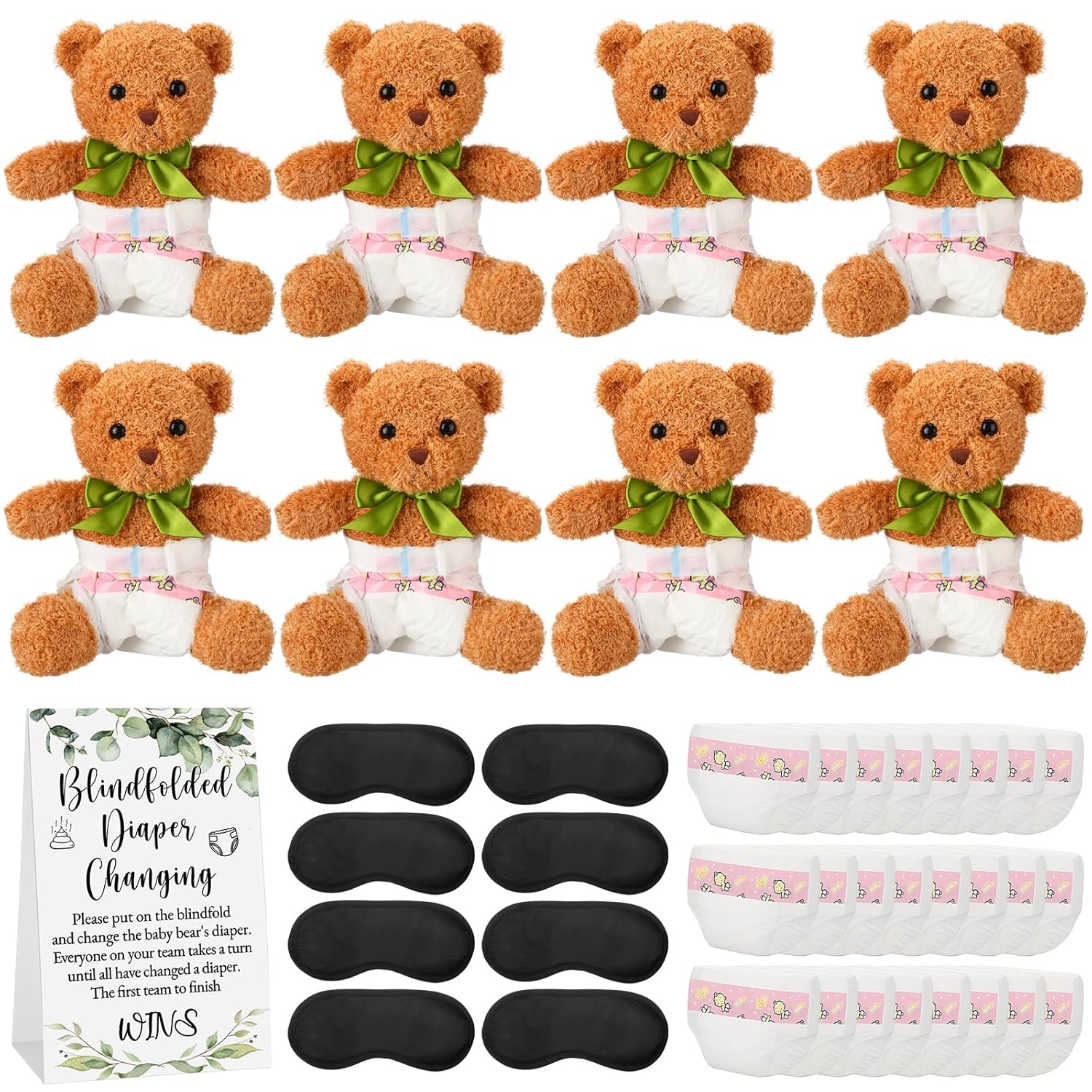8 Set Bear Blindfolded Diaper Changing Baby Shower Game Supplies Include 12 Inch Bear Dolls Blindfold Diapers Games Sign Prizes For Adult Gender Reveal Raffle Party(Greenery)