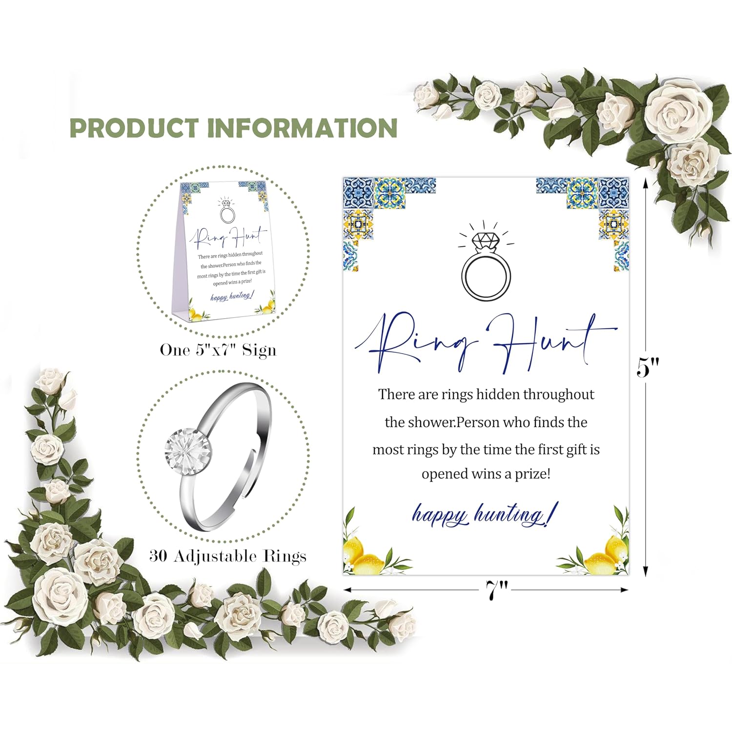Blue Tiles And Lemons Ring Hunt Game, Find The Rings Bridal Shower Game With 30 Fake Rings, Modern Bridal Shower Decorations, Wedding Shower Or Bachelorette Party Supplies - 02